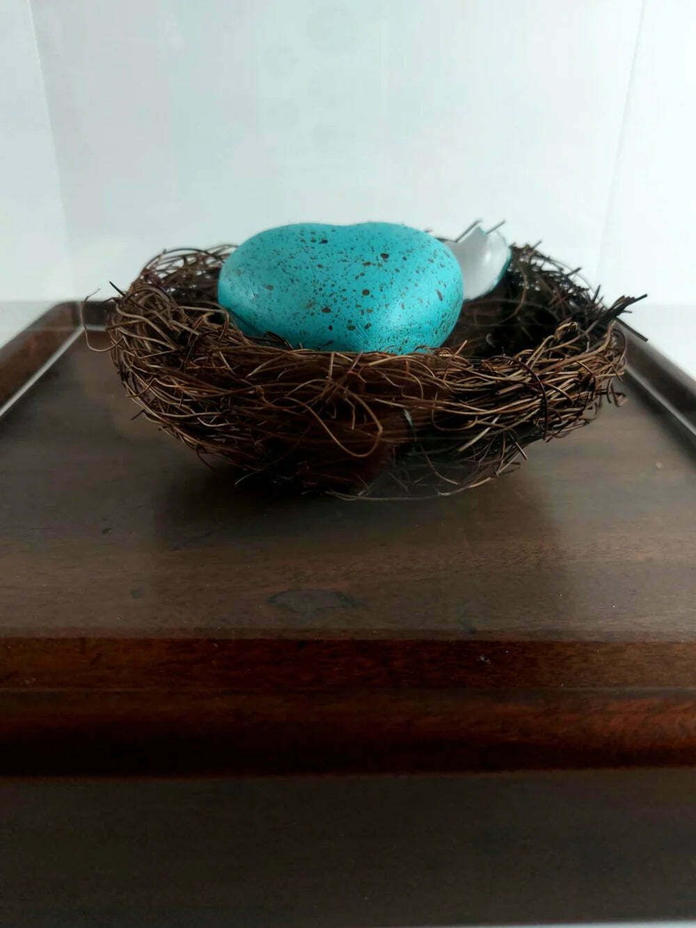This Bird Has Flown  Hand Painted Ceramic Shell Heart With Natural Material Nest And Oak Base photo vinterior