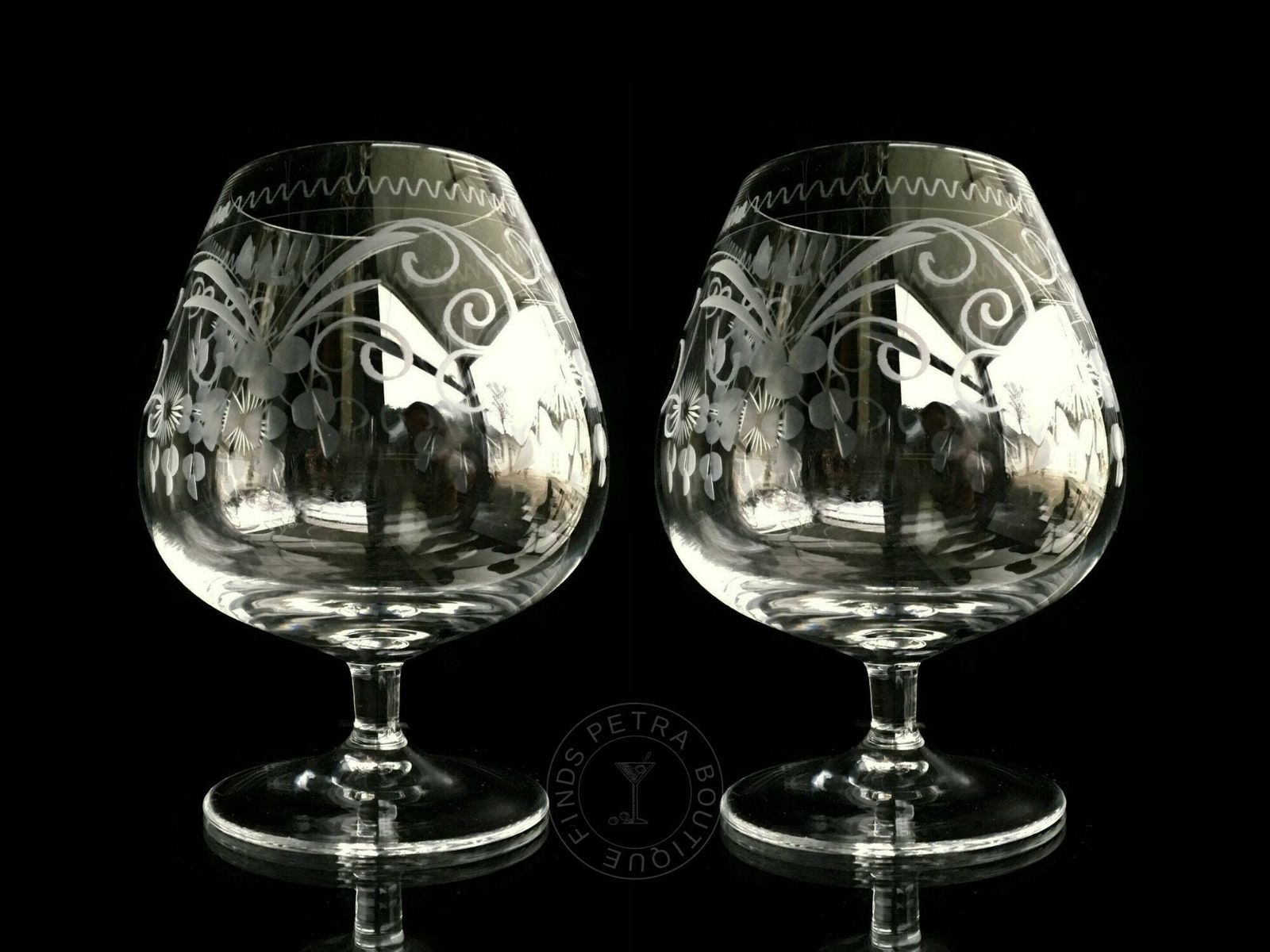 Crystal Large Cognac Glasses | Brandy Snifters| 2pcs| Bird Engravings | Theresienthal Radgravur