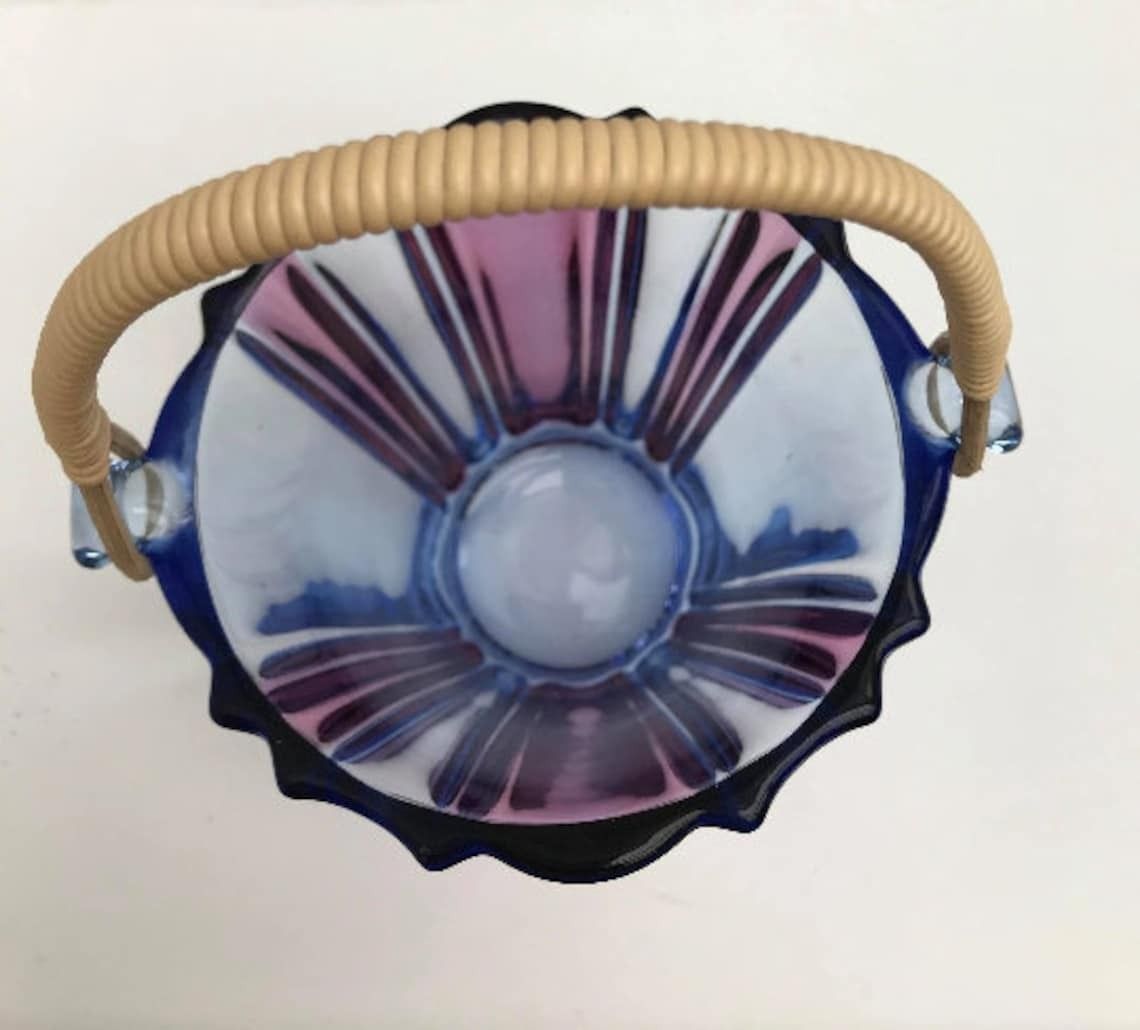 photo for sale Vintage Glass Ice Bucket Purple Blue Pink Glass With Scoubidou Handle Mid Century Barware Bar Cart Decor Styling Photography Prop Gift