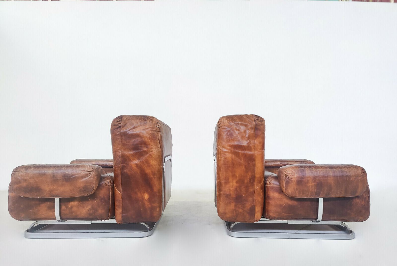 Pair Of Mid Century Modern Leather & Chrome Armchairs photo for sale