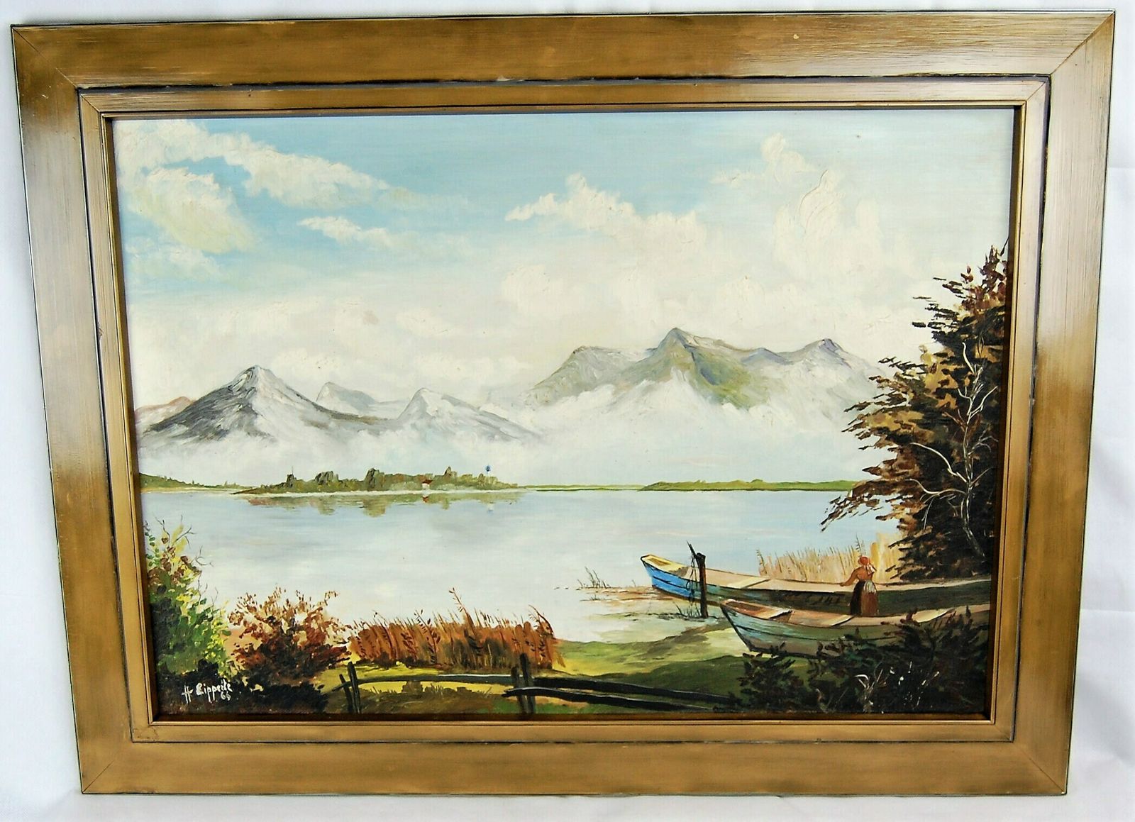 Lake In The Black Forest Mountains Original Fine Oil Painting From The Middle Of The 20th Century photo for sale