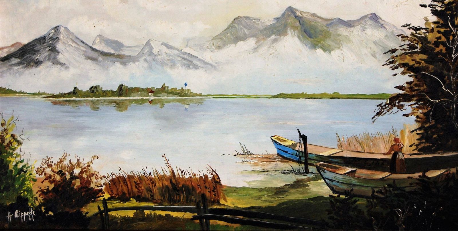 Lake In The Black Forest Mountains Original Fine Oil Painting From The Middle Of The 20th Century photo vinterior