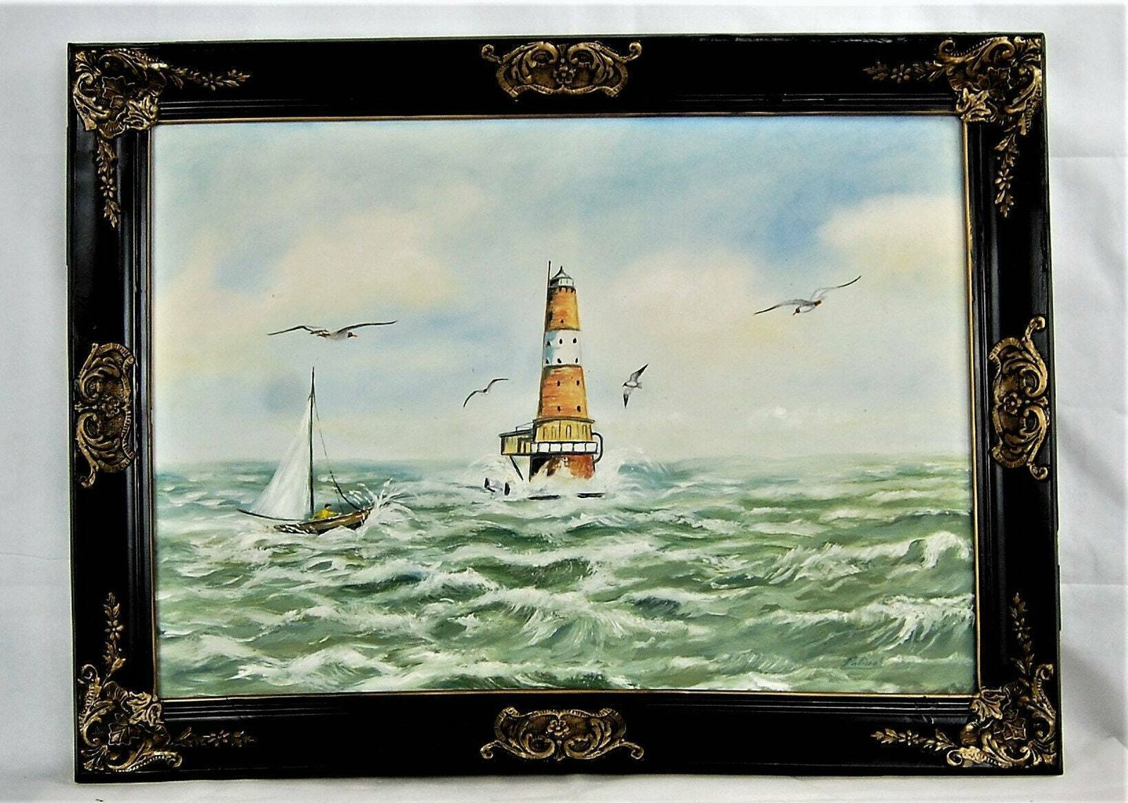 Vintage Oil Painting "Seascape With Lighthouse" Signed And Framed Oil Painting photo furniture