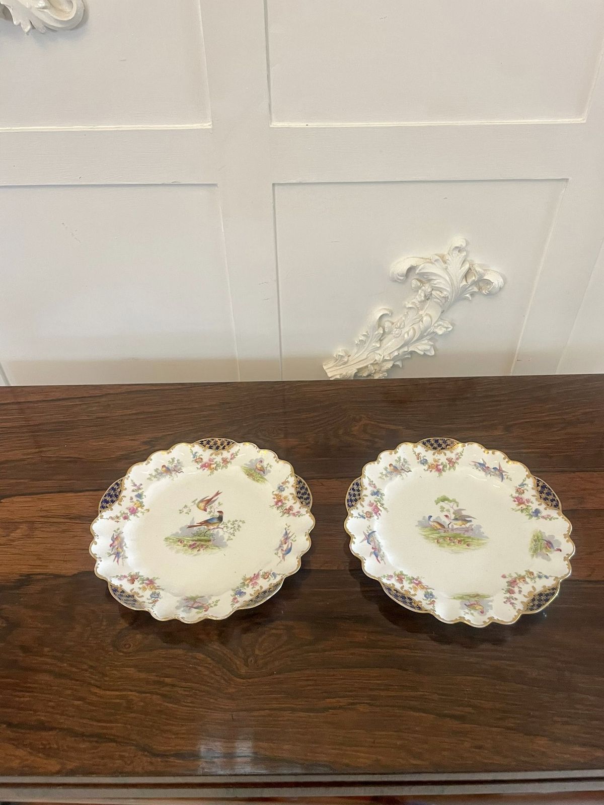 Quality Pair Of Antique Hand Painted Crescent China Plates