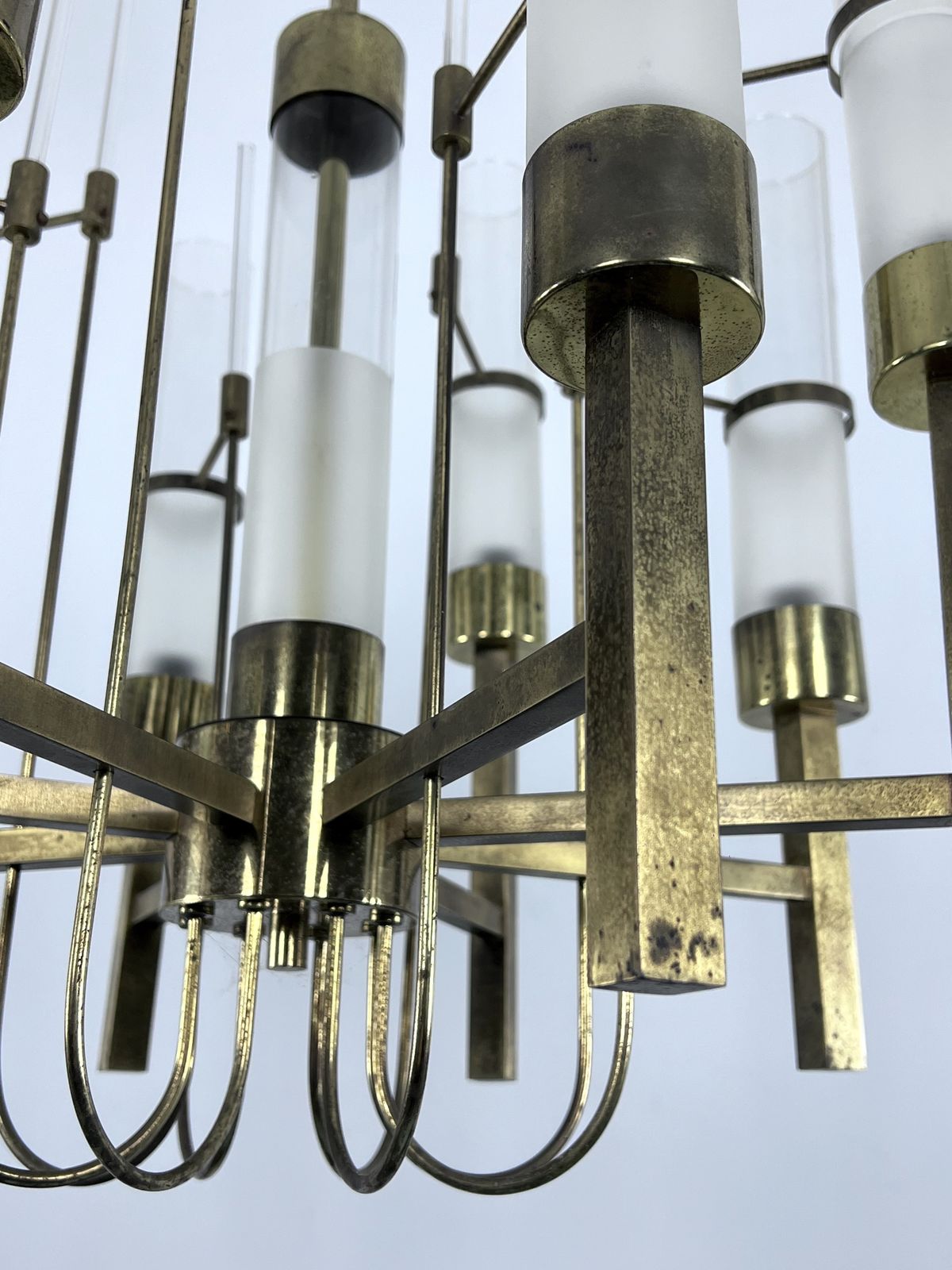 Sciolari, Eight Arms Brass And Glass Tube Chandelier. Italy 1960s photo vintage