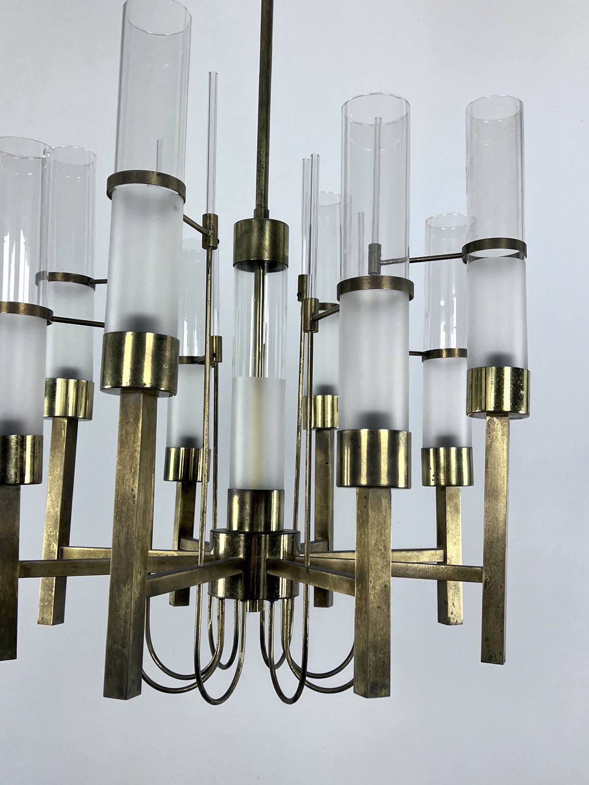 Lighting Sciolari, Eight Arms Brass And Glass Tube Chandelier. Italy 1960s photo