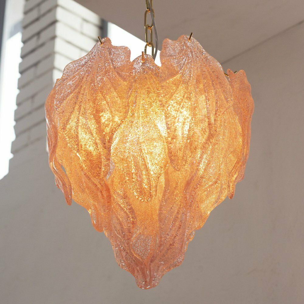 Pink Suspension Chandelier With Murano Glass Leaves, Italy, 1990s photo vintage