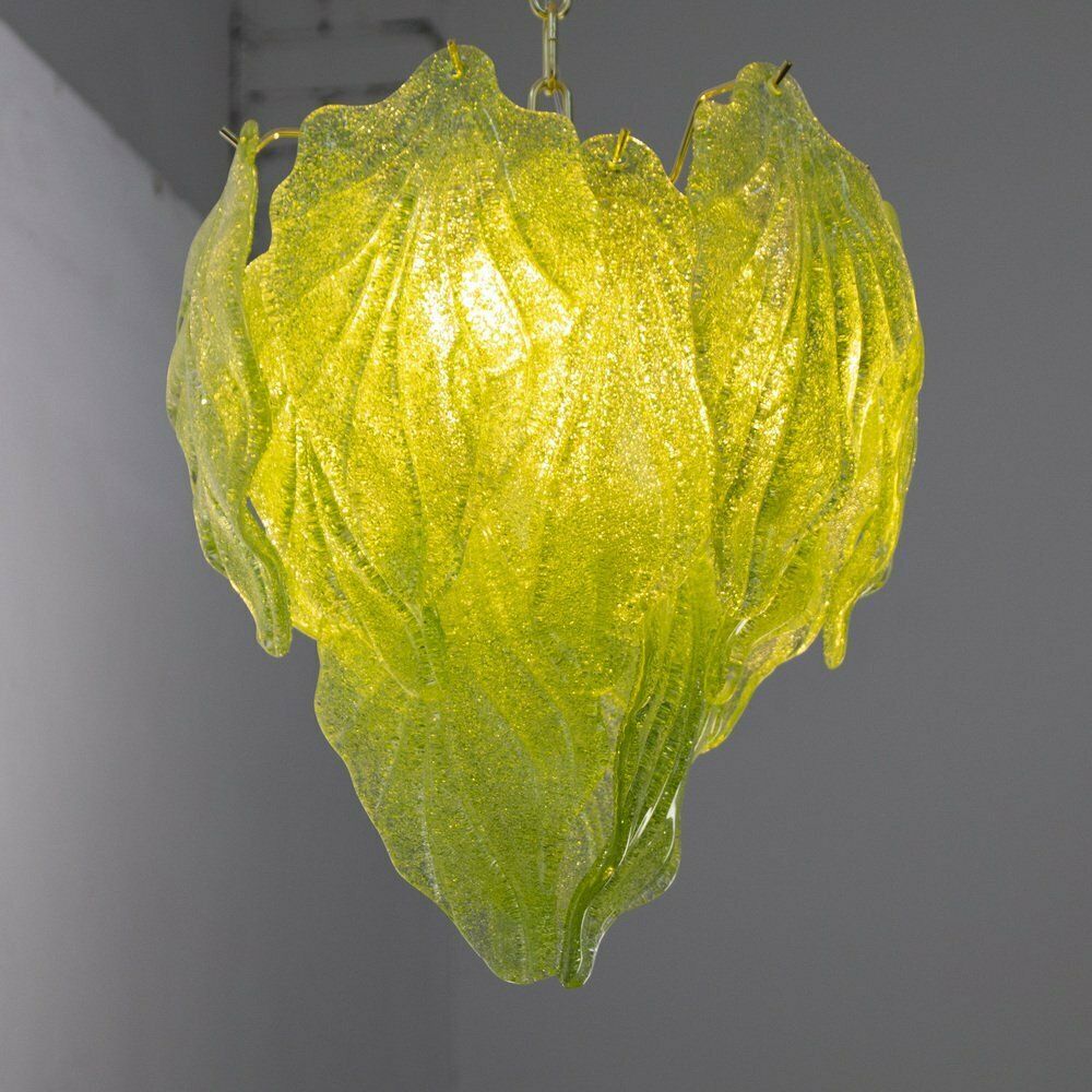 Italian Murano Glass Light Green Pendant Light With Leaves, 1990s photo Lighting