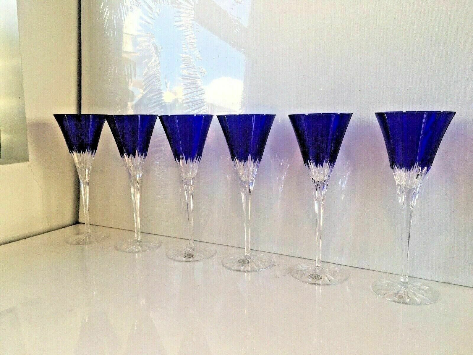Quality Set Of 6 Ajka Castille Lead Crystal Blue Cut Glass Champagne Flutes Wine photo vintage