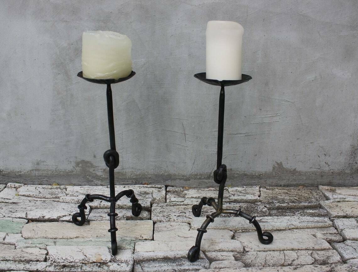 Two Side Large Candlesticks Floor Wrought Iron Candle Holders Fireplace Tall Candle Light 20th Century Antique