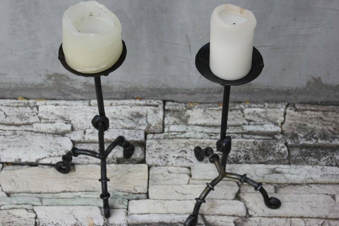 Two Side Large Candlesticks Floor Wrought Iron Candle Holders Fireplace Tall Candle Light 20th Century Antique photo furniture