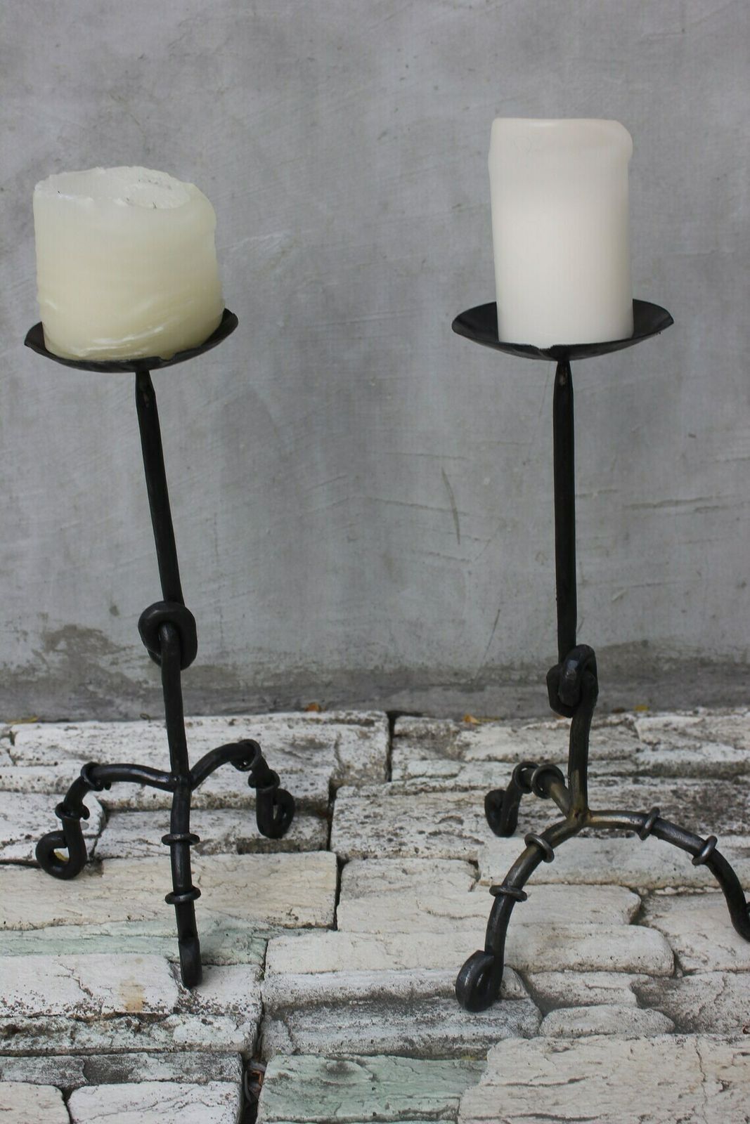 photo for sale Two Side Large Candlesticks Floor Wrought Iron Candle Holders Fireplace Tall Candle Light 20th Century Antique