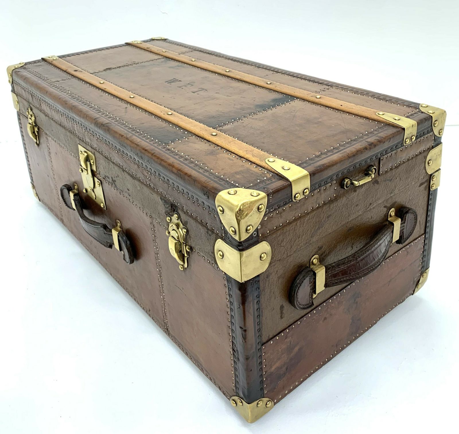 Steamer Travel Trunk   Leather With Beechwood Banding