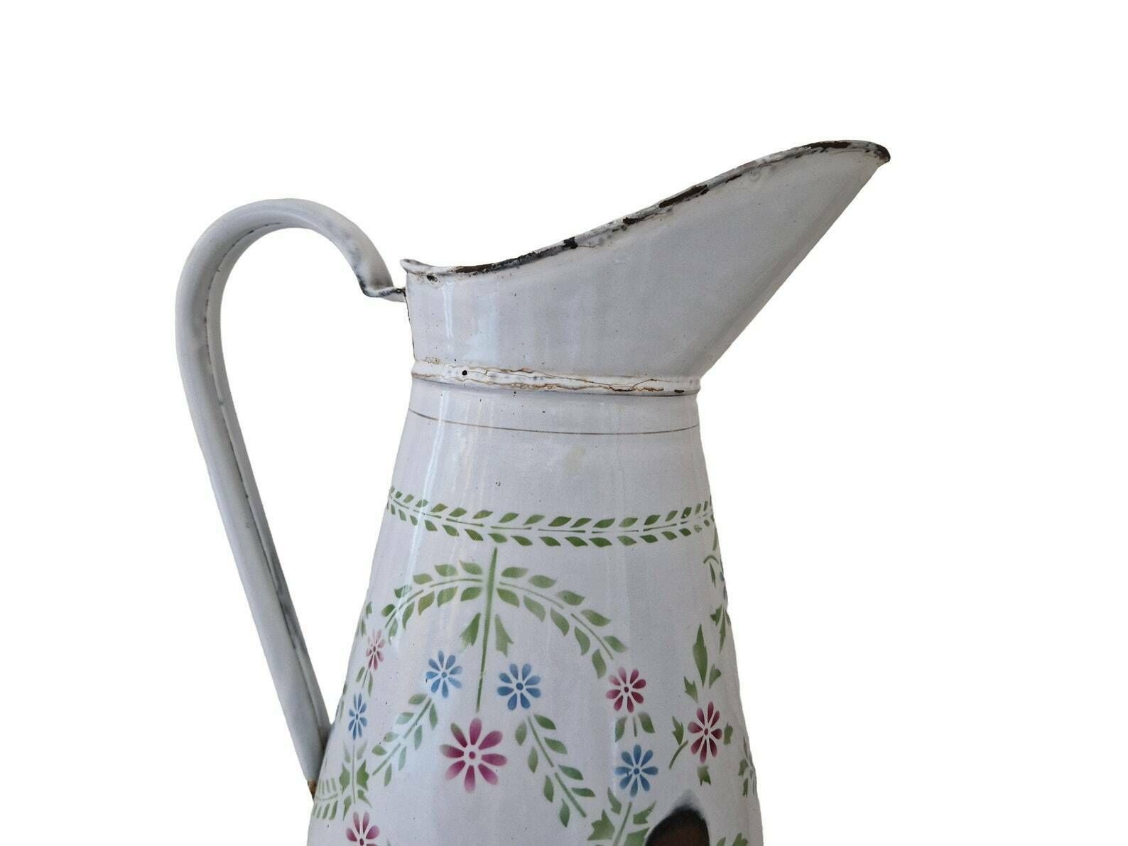 Shabby French Enamel Watering Can With Stenciled Folk Wild Flowers, Enamelware Water Pitcher, Gardening Gift photo 151.0