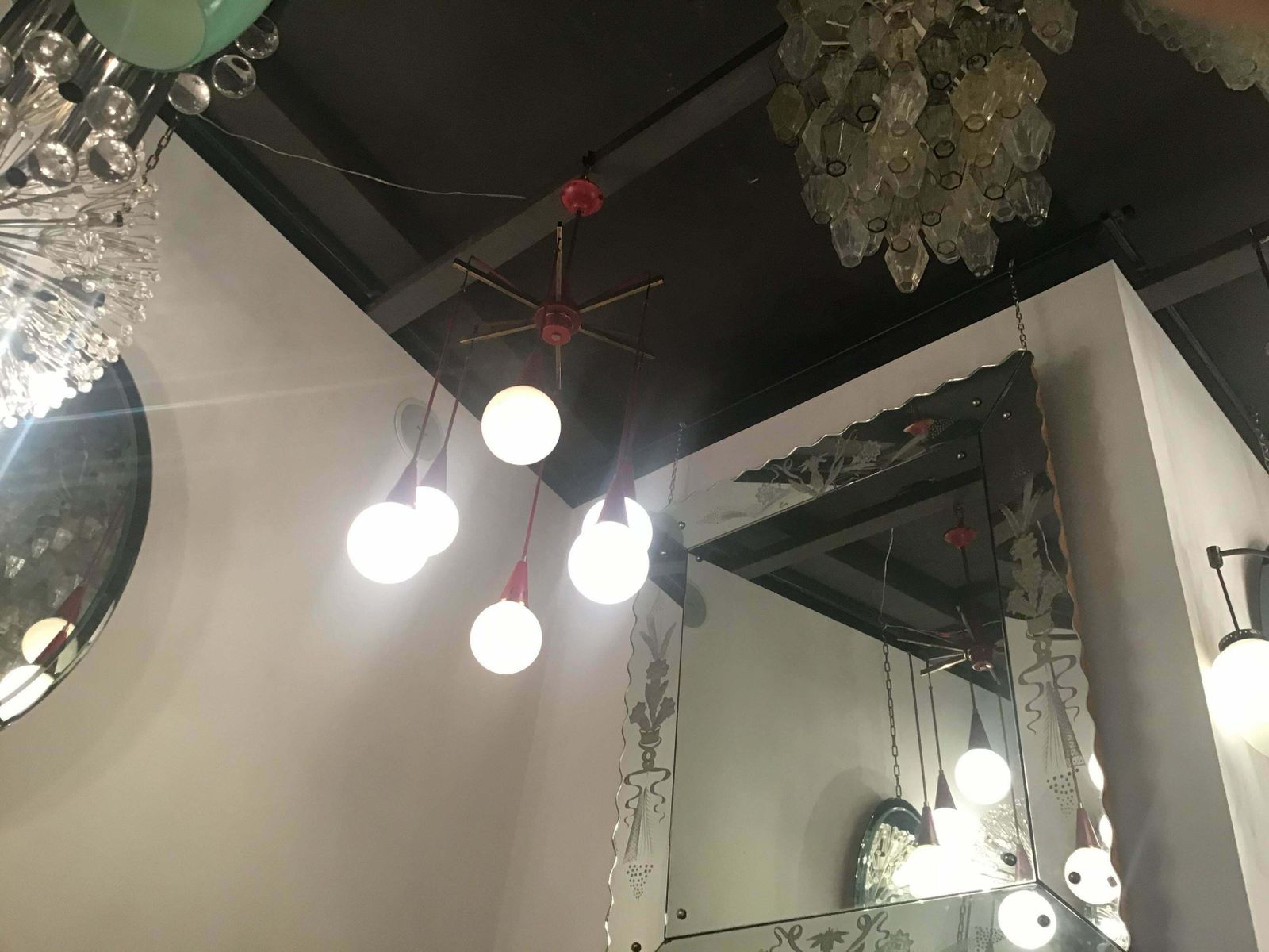 photo vinterior Stilnovo Chandelier Brass Metal Glass 1950 Italy