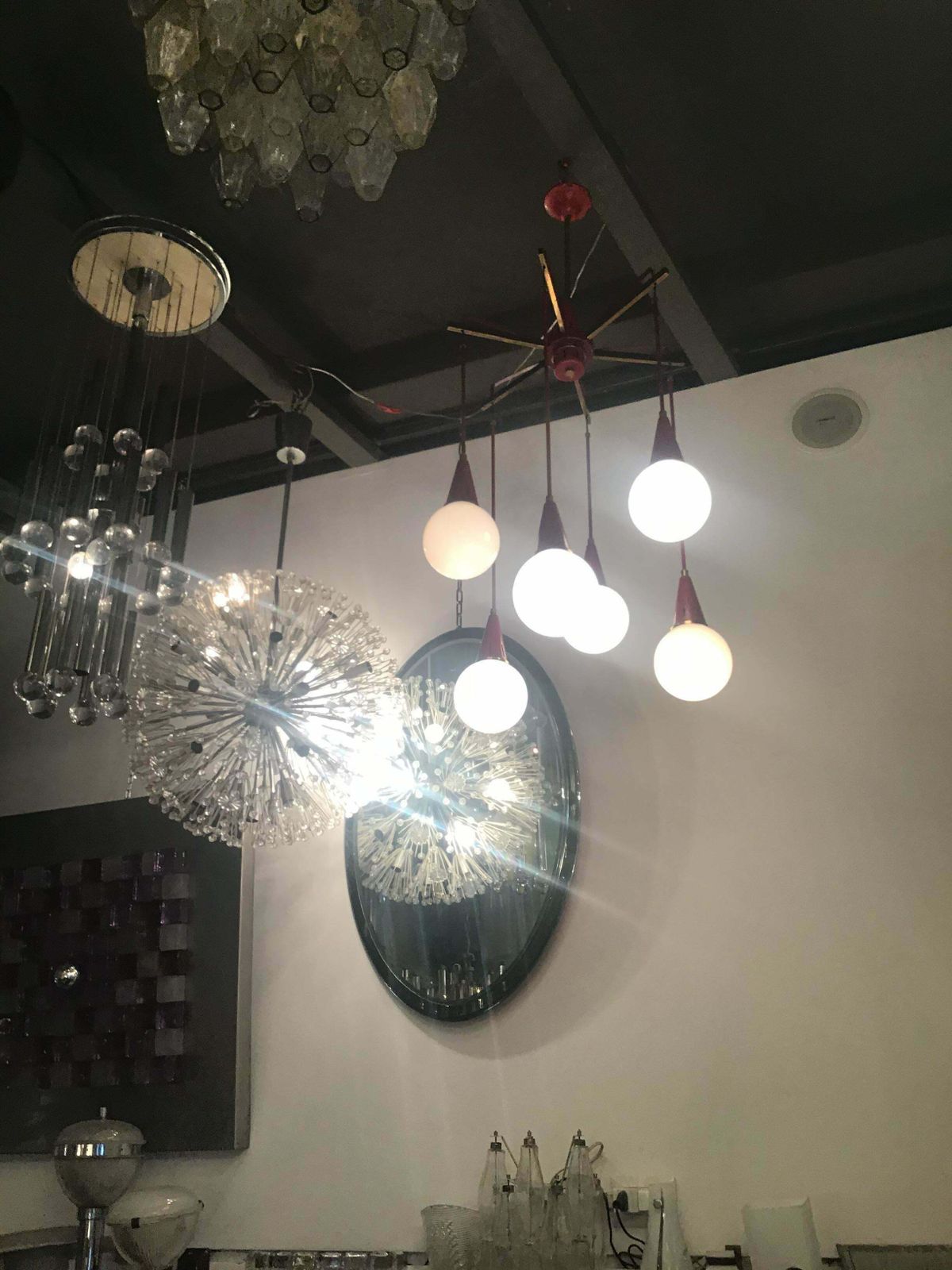 photo vintage Stilnovo Chandelier Brass Metal Glass 1950 Italy