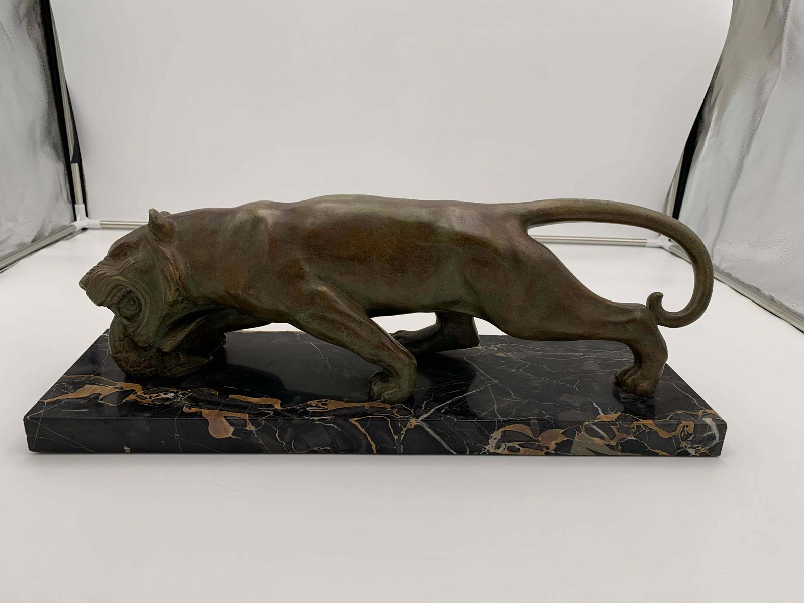 Art Deco Panther Sculpture By Emile Grégoire, Bronze, Marble, France Circa 1930 photo vintage