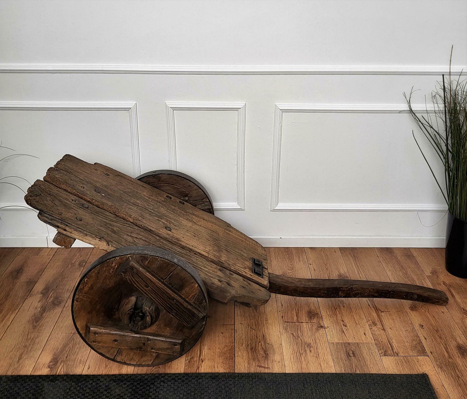 Primitive Rustic Minimal Italian Wrought Iron Wheels Wooden Cart Side Bar Table photo buy