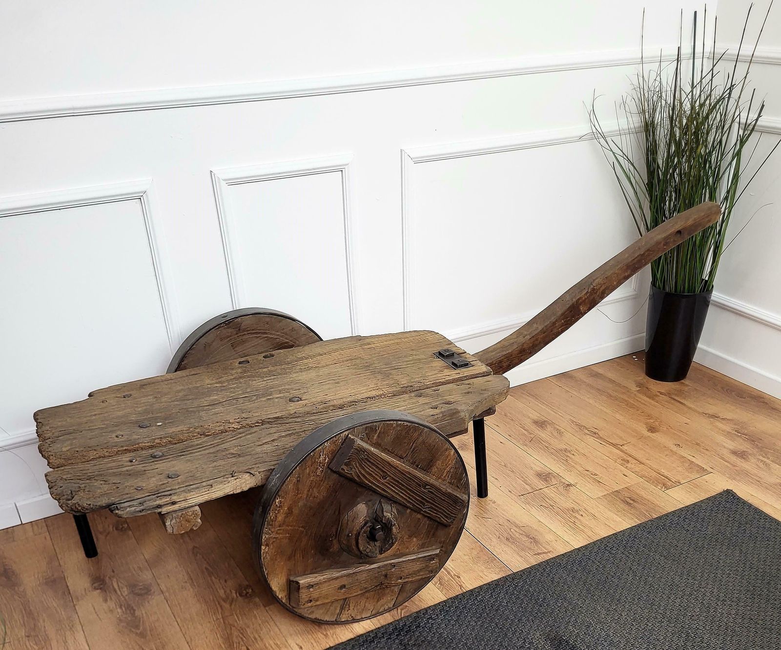 photo furniture Primitive Rustic Minimal Italian Wrought Iron Wheels Wooden Cart Side Bar Table