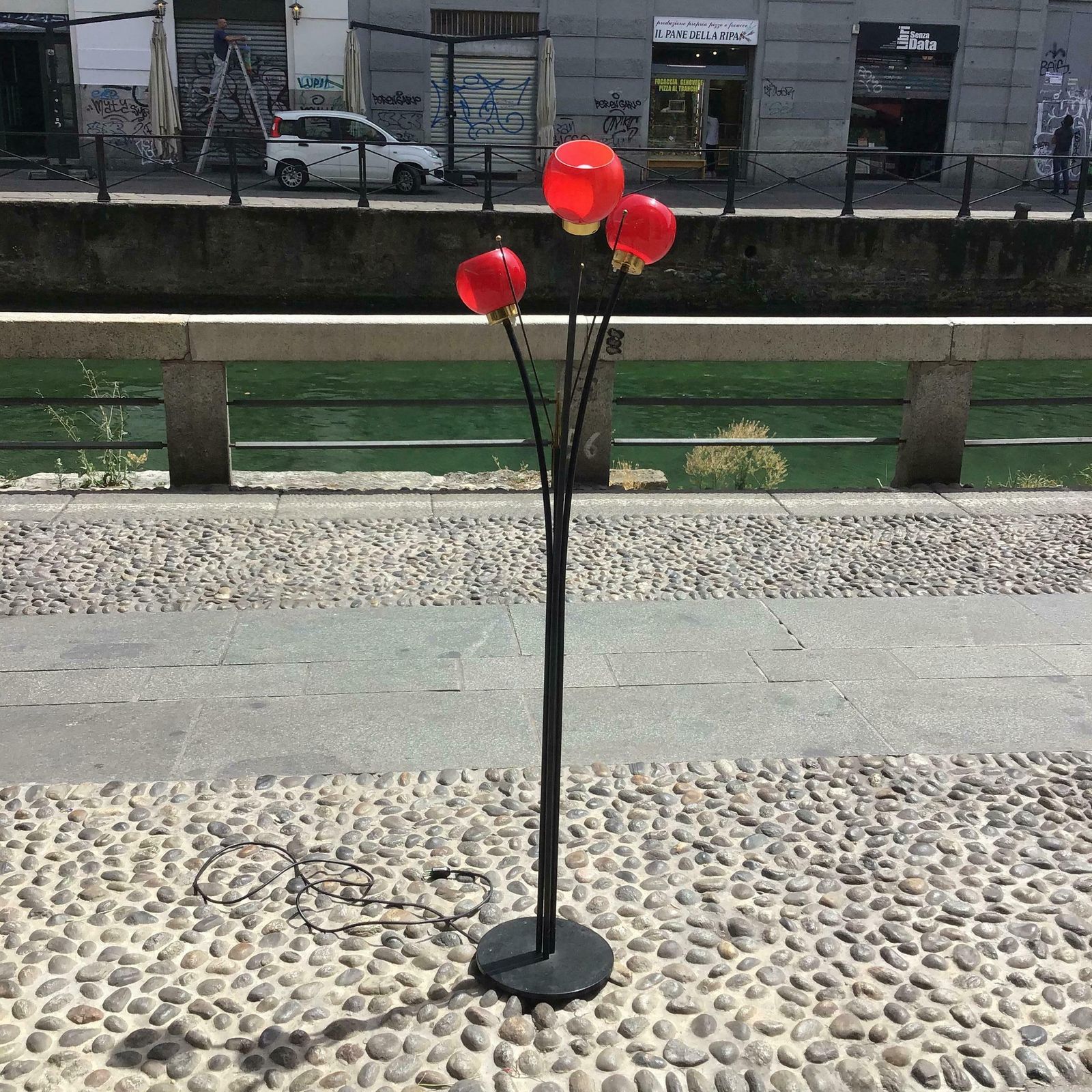 Stilnovo Floor Lamp Brass Glass Iron, 1950, Italy photo for sale