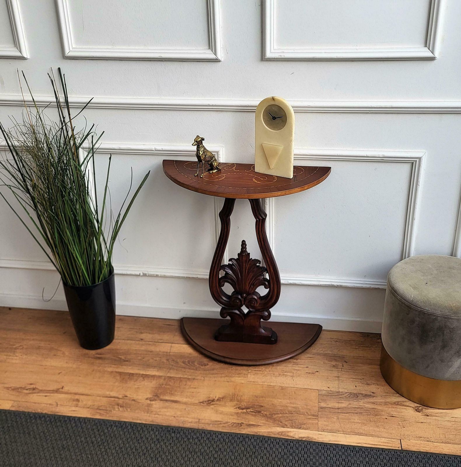 1960s Italian Wooden Carved Inlay Decor Demi Lune Console Side Table photo furniture