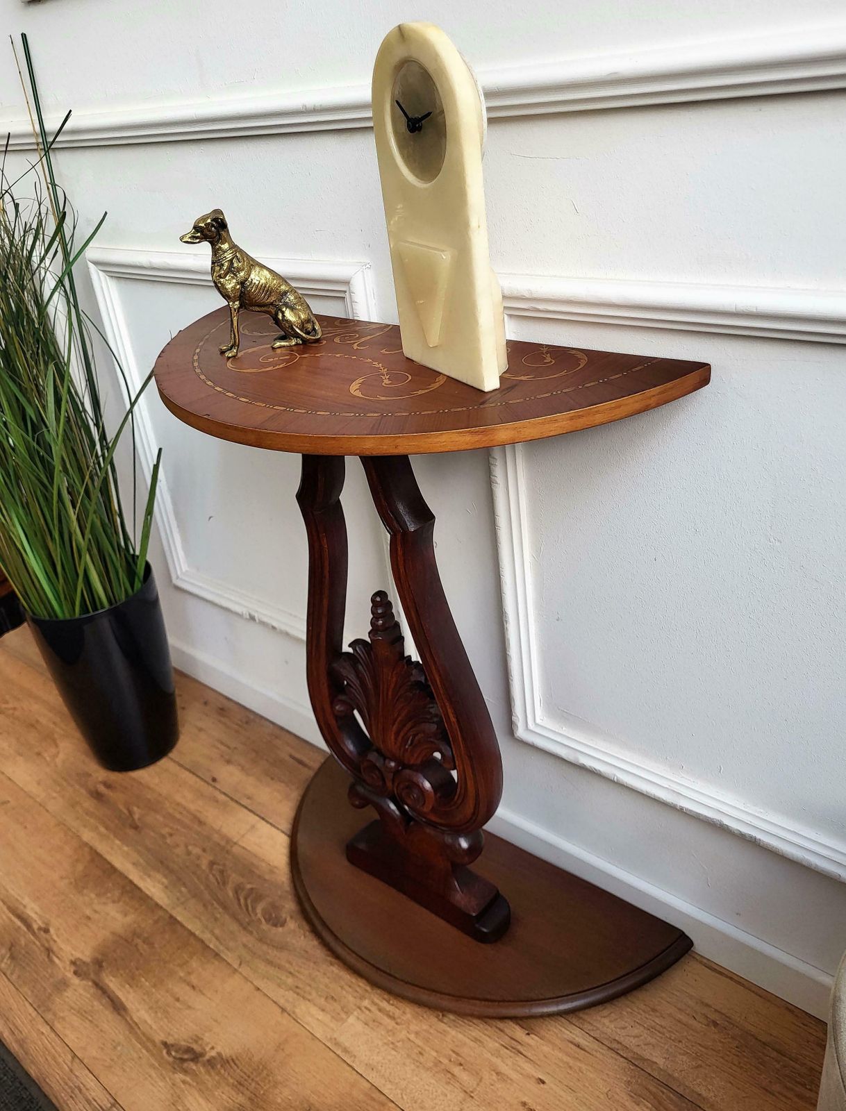 1960s Italian Wooden Carved Inlay Decor Demi Lune Console Side Table photo 1047.0