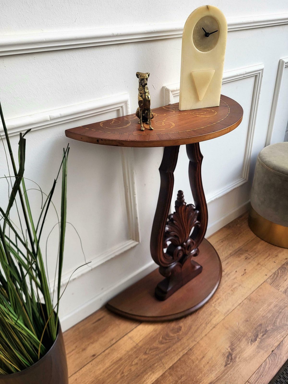 1960s Italian Wooden Carved Inlay Decor Demi Lune Console Side Table photo vinterior