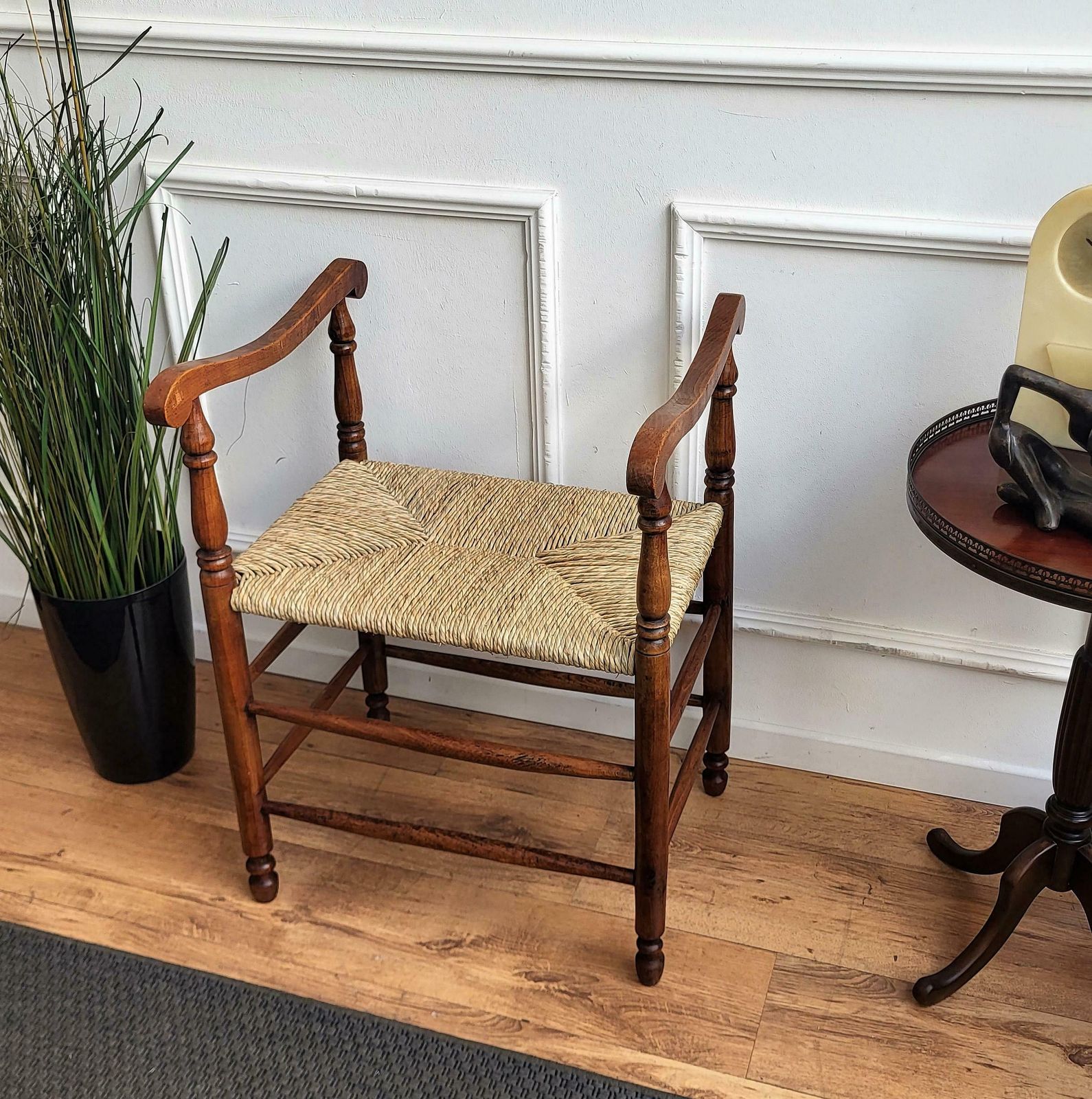 1960s Italian Midcentury Carved Wood And Cord Woven Rope Stool photo for sale