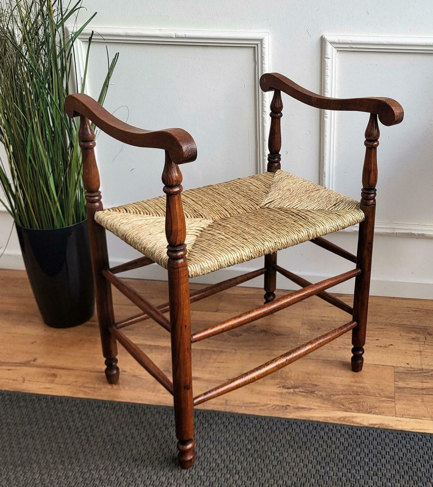 1960s Italian Midcentury Carved Wood And Cord Woven Rope Stool photo vinterior