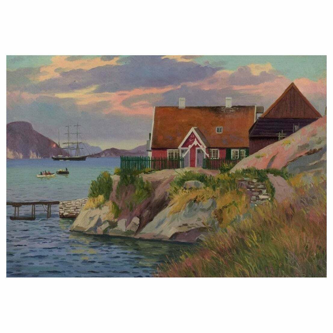 Emanuel Aage Petersen (1894 1948) Oil Painting On Canvas Greenlandic Village