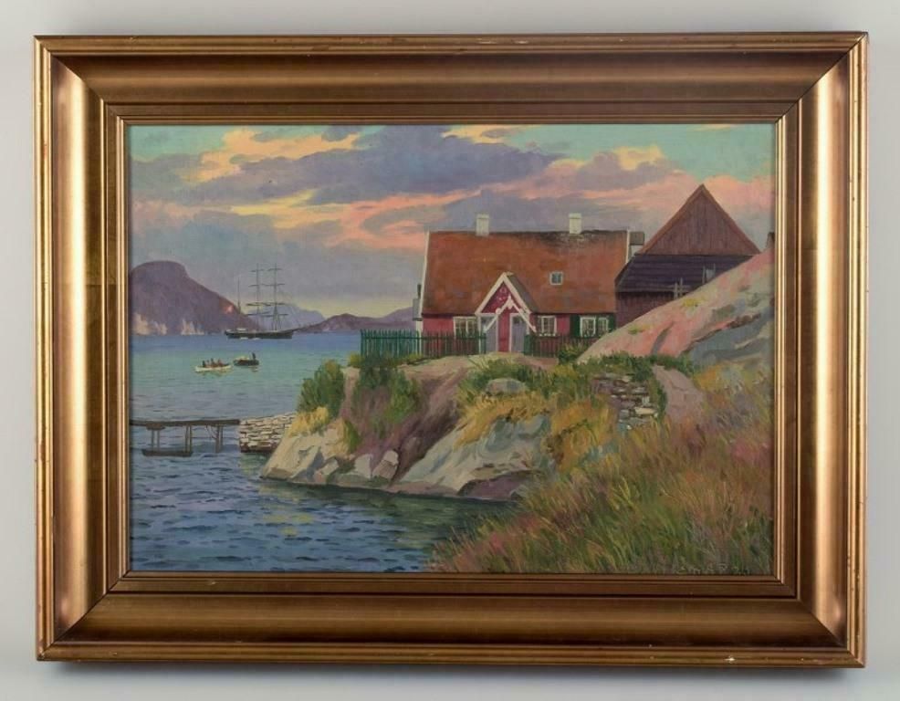 Emanuel Aage Petersen (1894 1948) Oil Painting On Canvas Greenlandic Village photo furniture