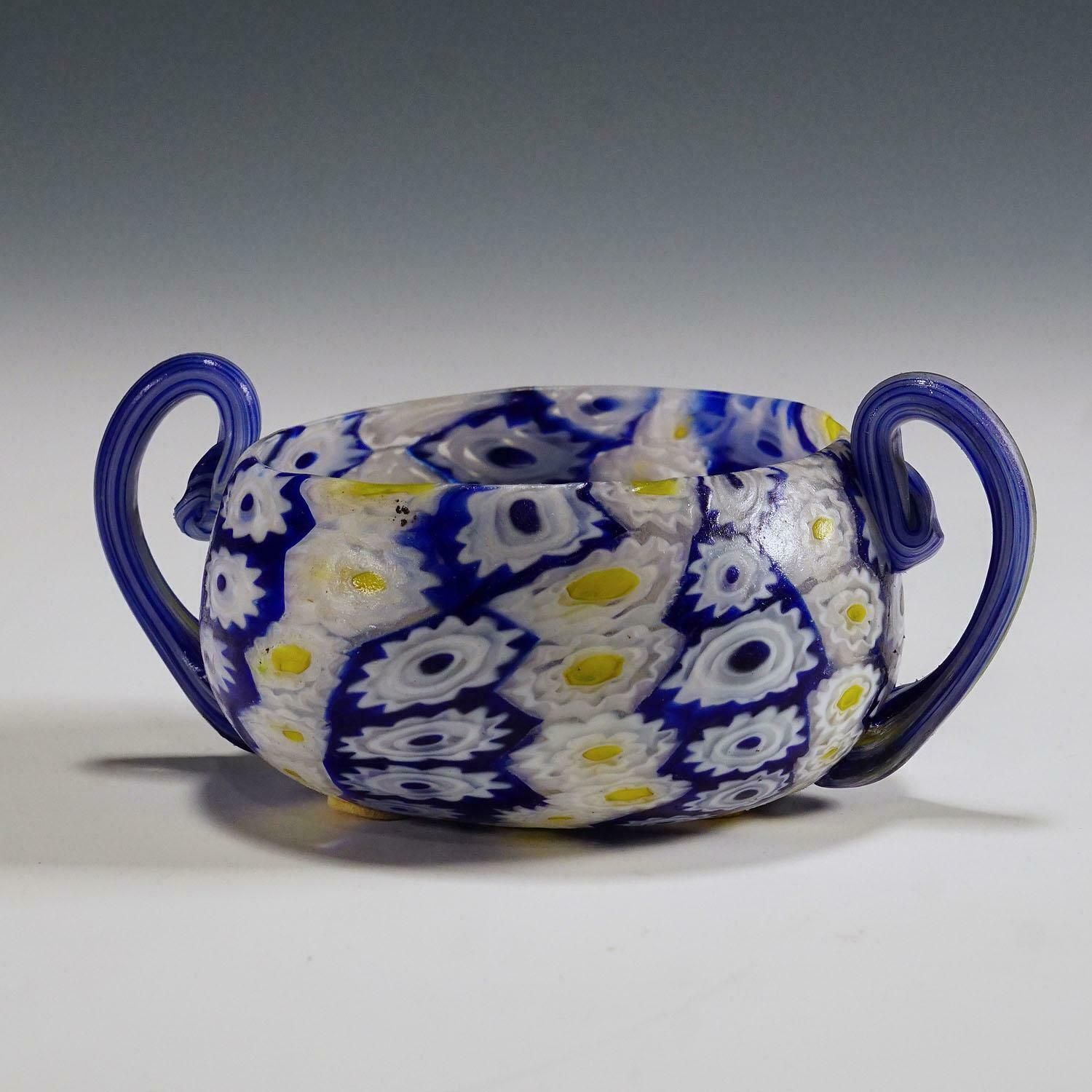 Antique Millefiori Bowl In Blue, Yellow And White, Fratelli Toso Murano 1910 photo furniture