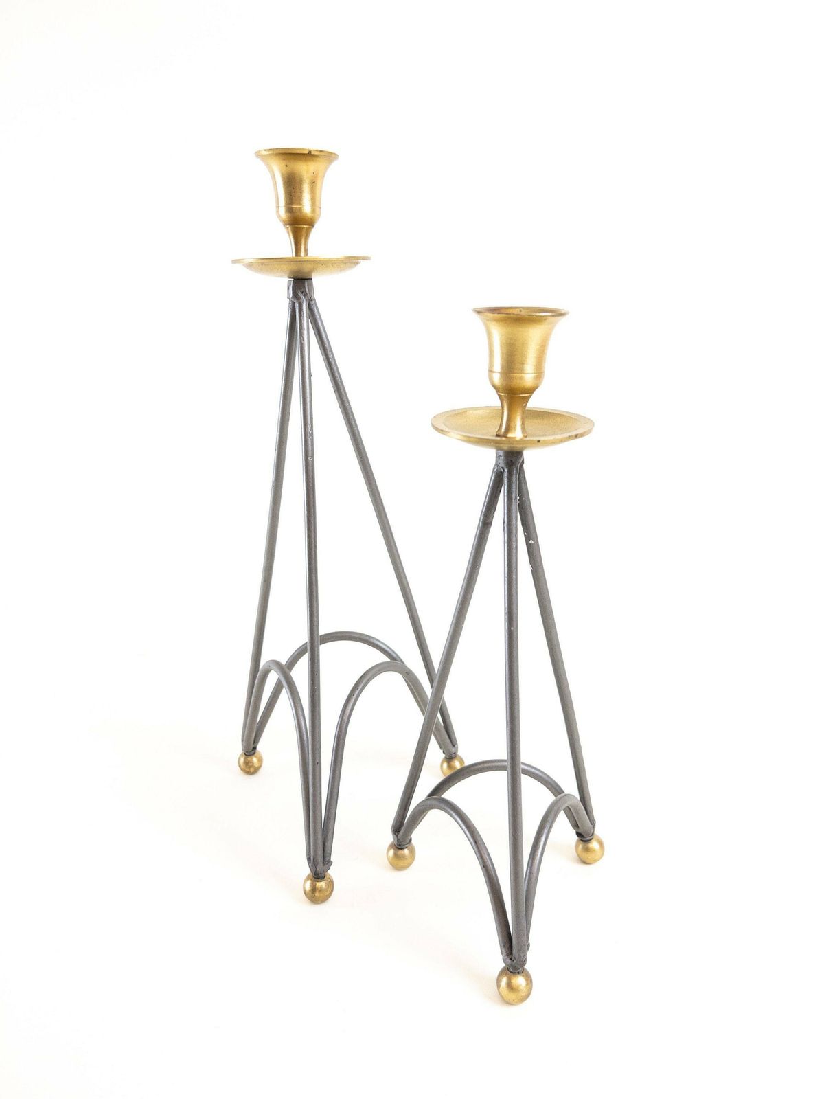 Pair Of Metal Candlestick Holders   Silver And Gold Candleholders   Set Of Postmodern Candle Holders photo vintage