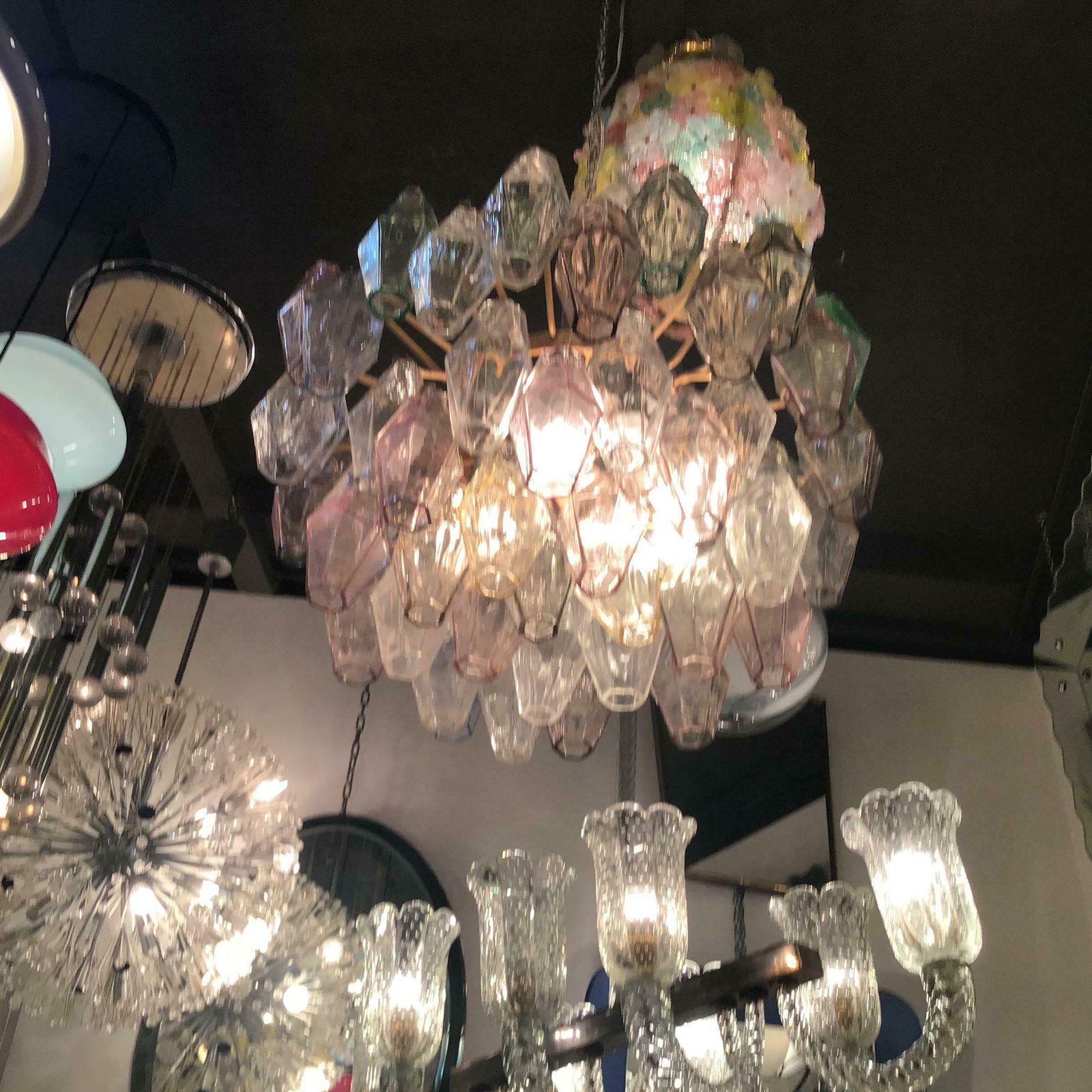 photo vintage Venini Carlo Scarpa Chandelier Poliedri Murano Glass Iron 1955 Italy