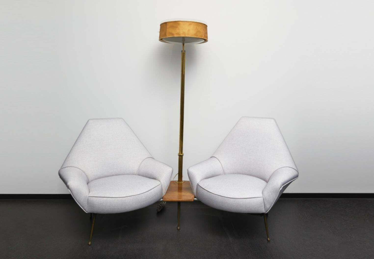 I.S.A. 1950s Lounge With Floor Lamp, Wood Brass Padded, 1950, Italy photo 8726.0