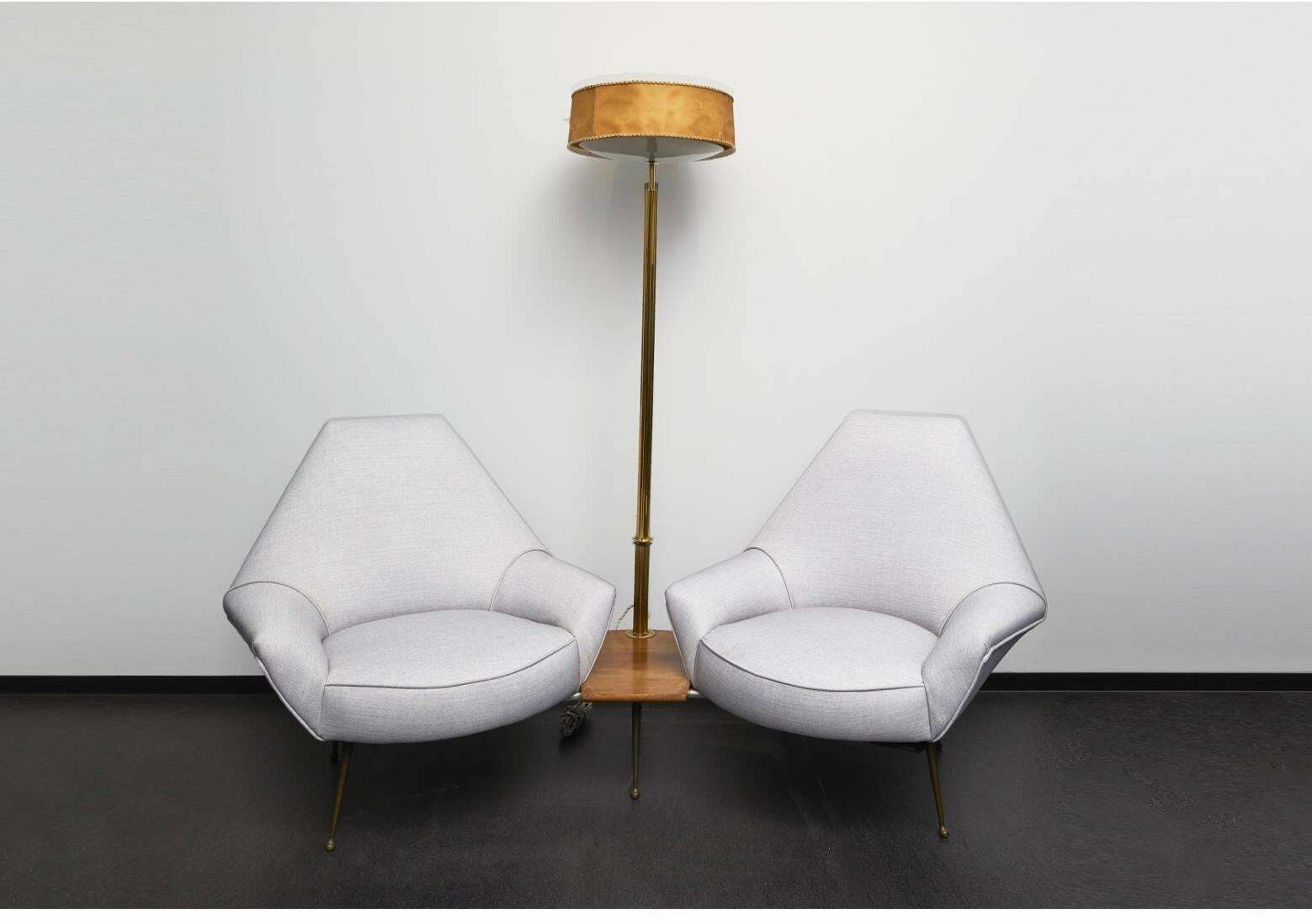 I.S.A. 1950s Lounge With Floor Lamp, Wood Brass Padded, 1950, Italy photo vinterior