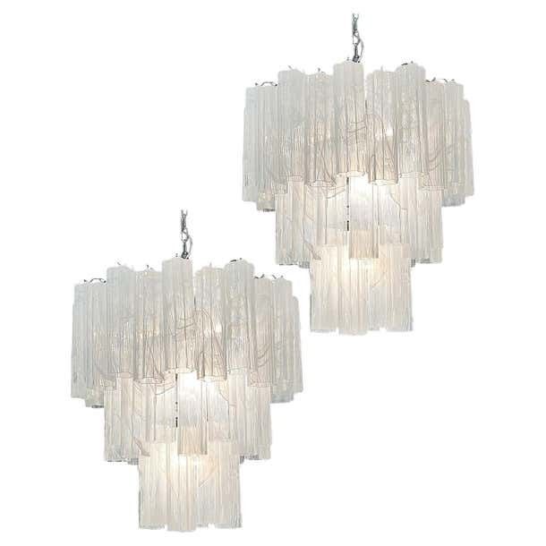 Beautiful Big Three Tier Murano Glass Tube Chandeliers White Albaster