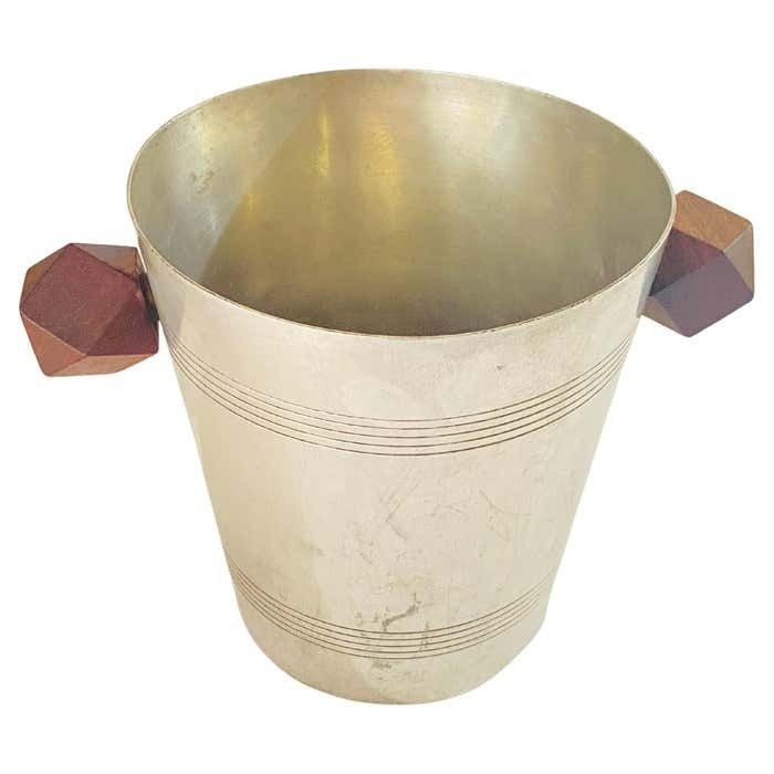 Ice Bucket In Sylver Metal, France 1930 Sylvered Color With Wood Handles