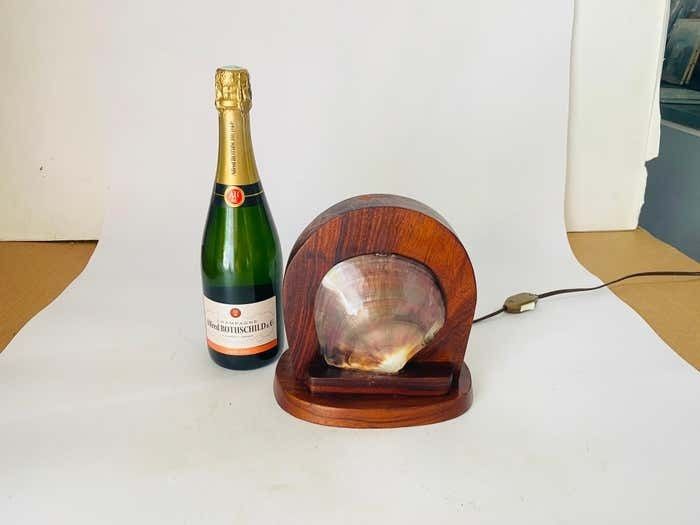 Table Lamp Carved In Wood With Shell Shade Brown Color, France, 1950 photo for sale