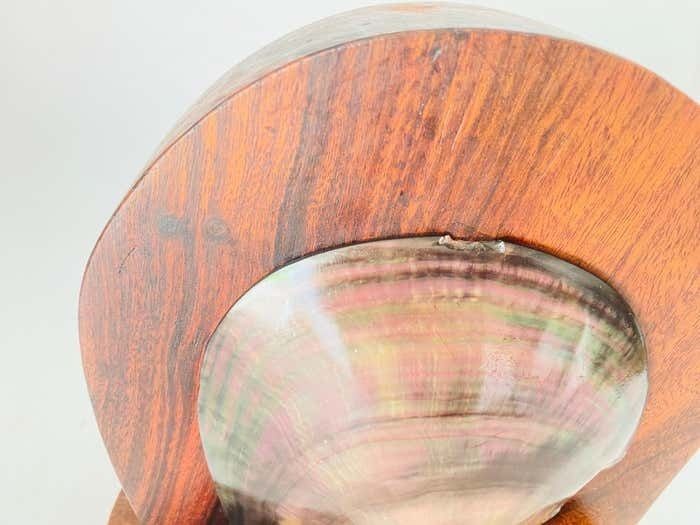 Table Lamp Carved In Wood With Shell Shade Brown Color, France, 1950 photo vinterior