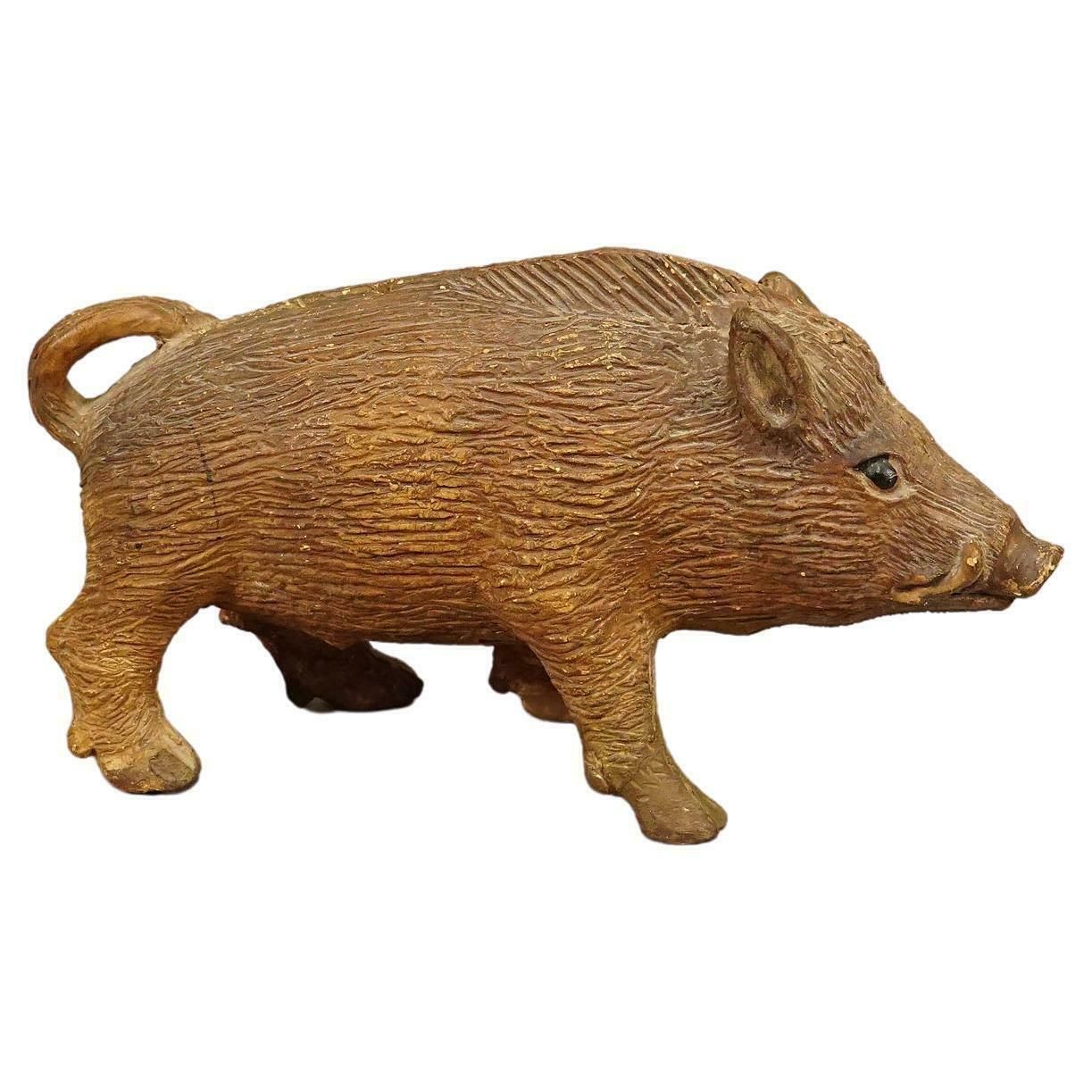 Antique Wild Boar Piggy Bank Made Of Clay photo vinterior