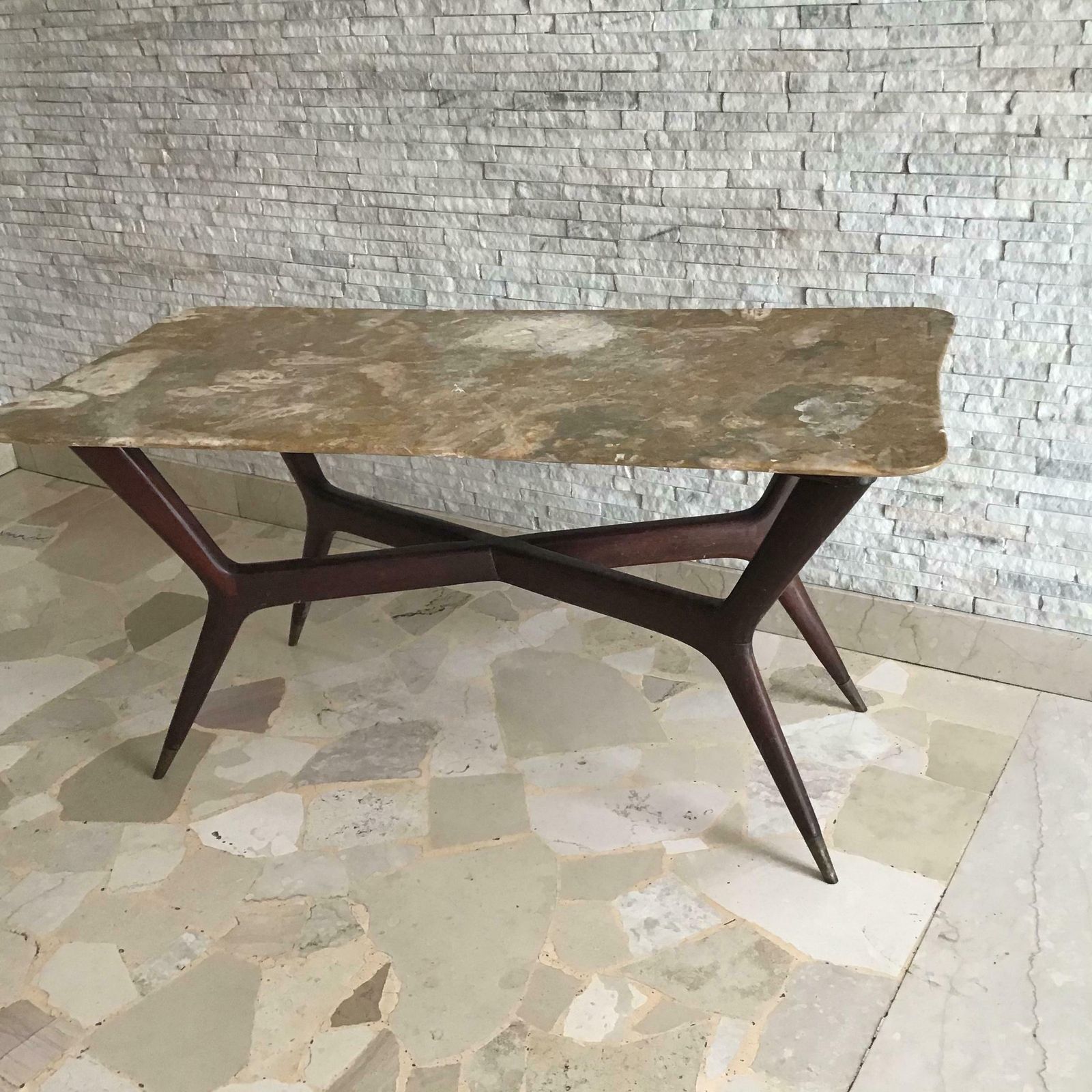 Gio’ Ponti Coffee Table Brass Wood Marbre, 1950, Italy photo vintage