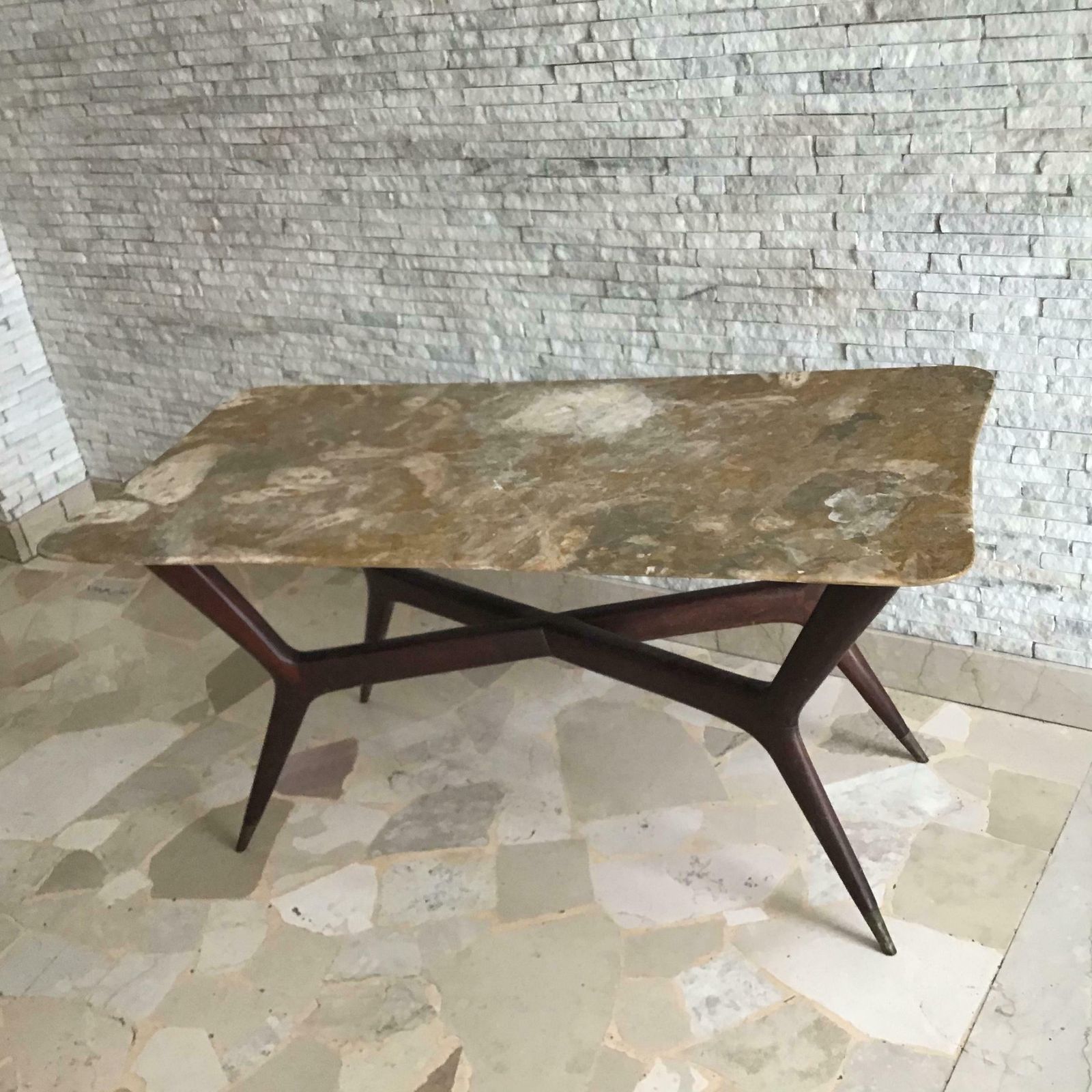 Furniture Gio’ Ponti Coffee Table Brass Wood Marbre, 1950, Italy photo