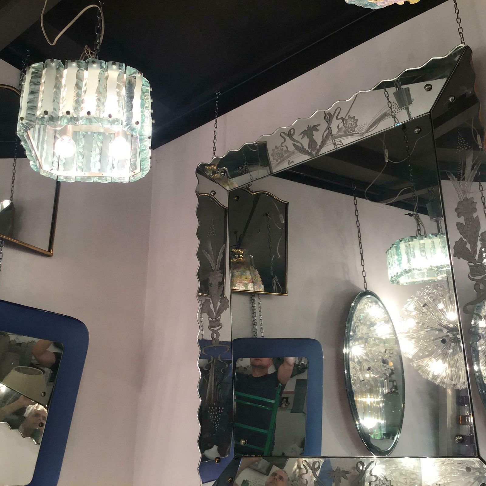 photo vinterior Fontana Arte Chandelier Glass Hammered Metal Chrome 1950 Italy