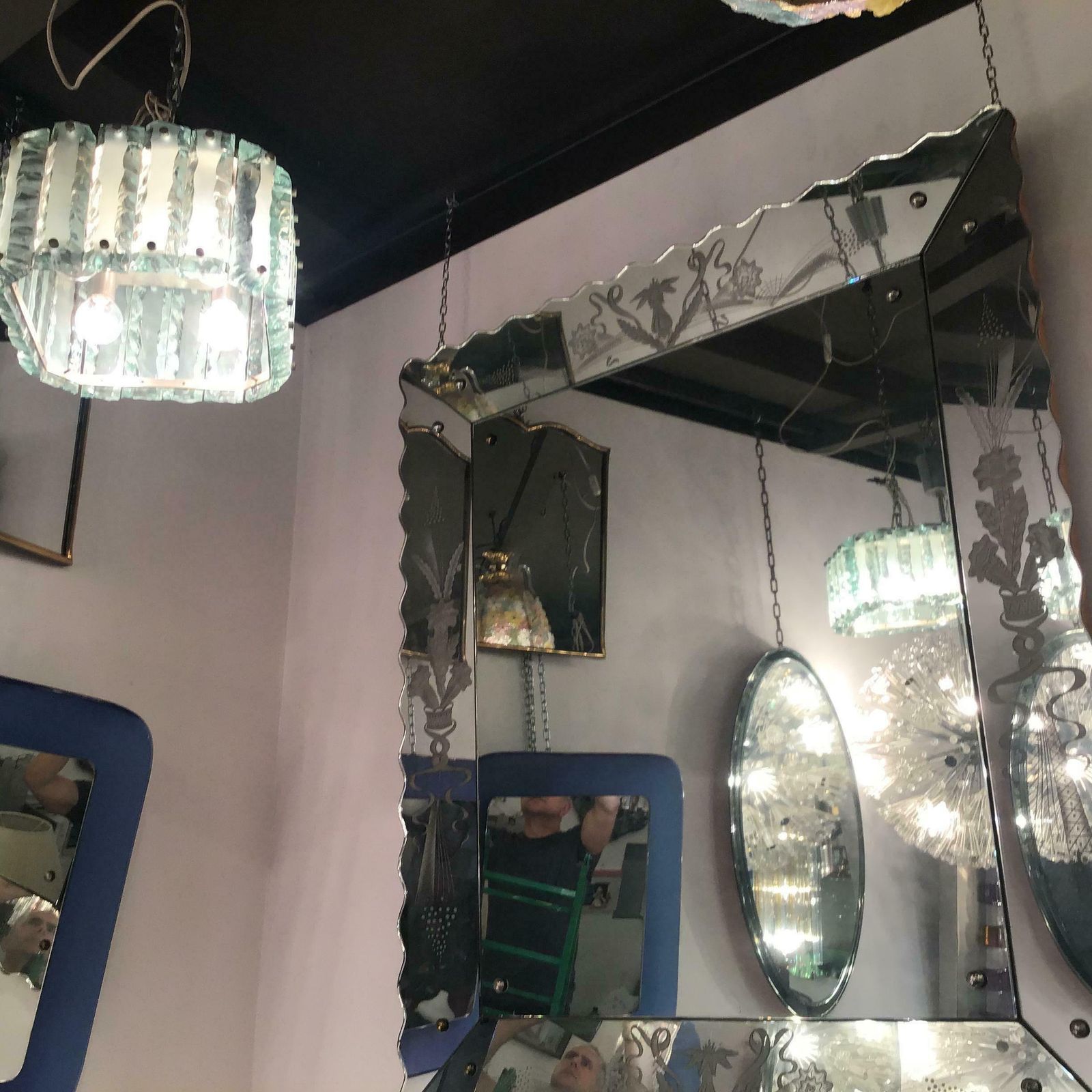 photo buy Fontana Arte Chandelier Glass Hammered Metal Chrome 1950 Italy