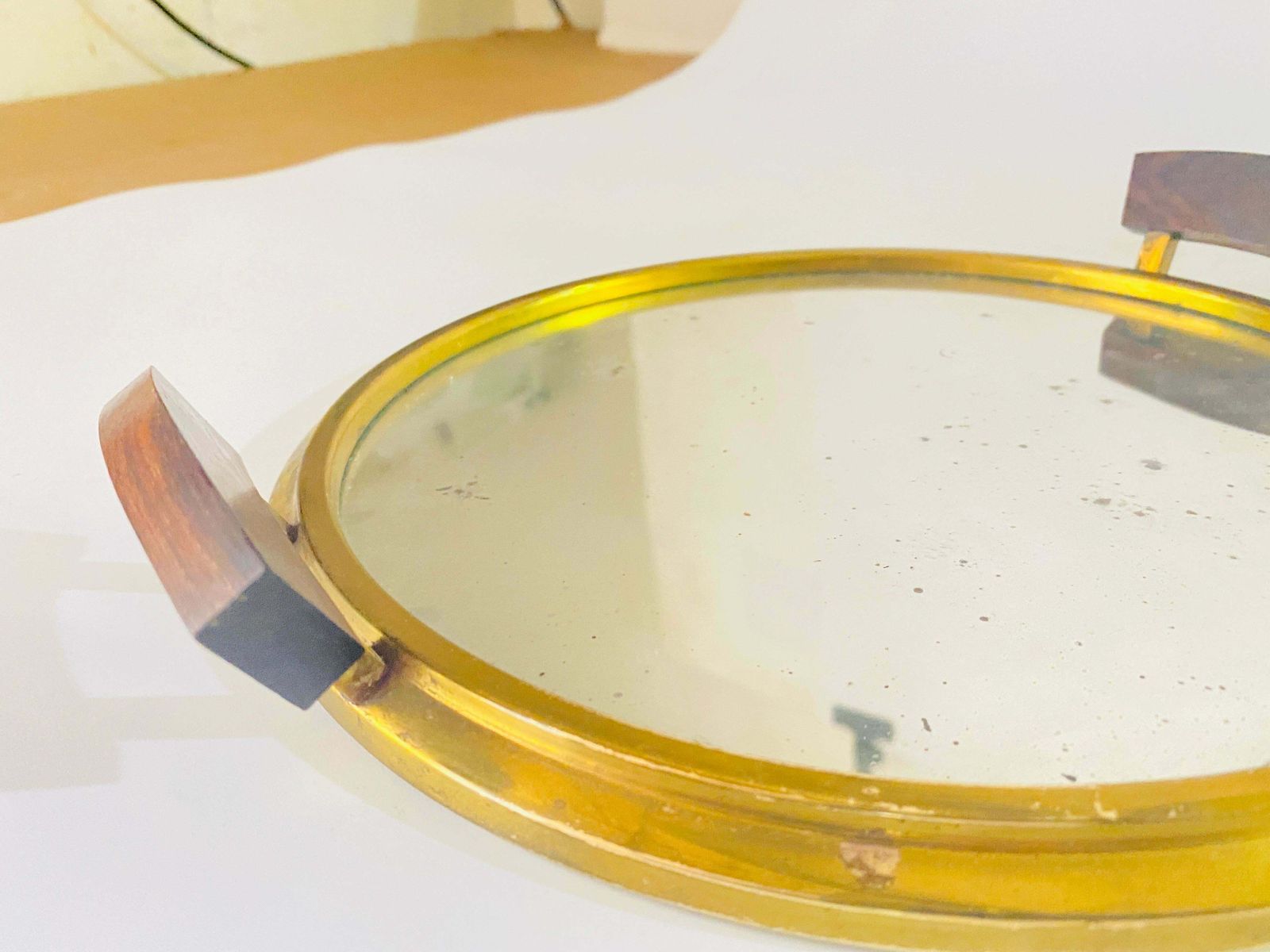 Art Deco Platter Tray Brass And Brown Wood Handles And Mirror, France, 1930 photo vintage