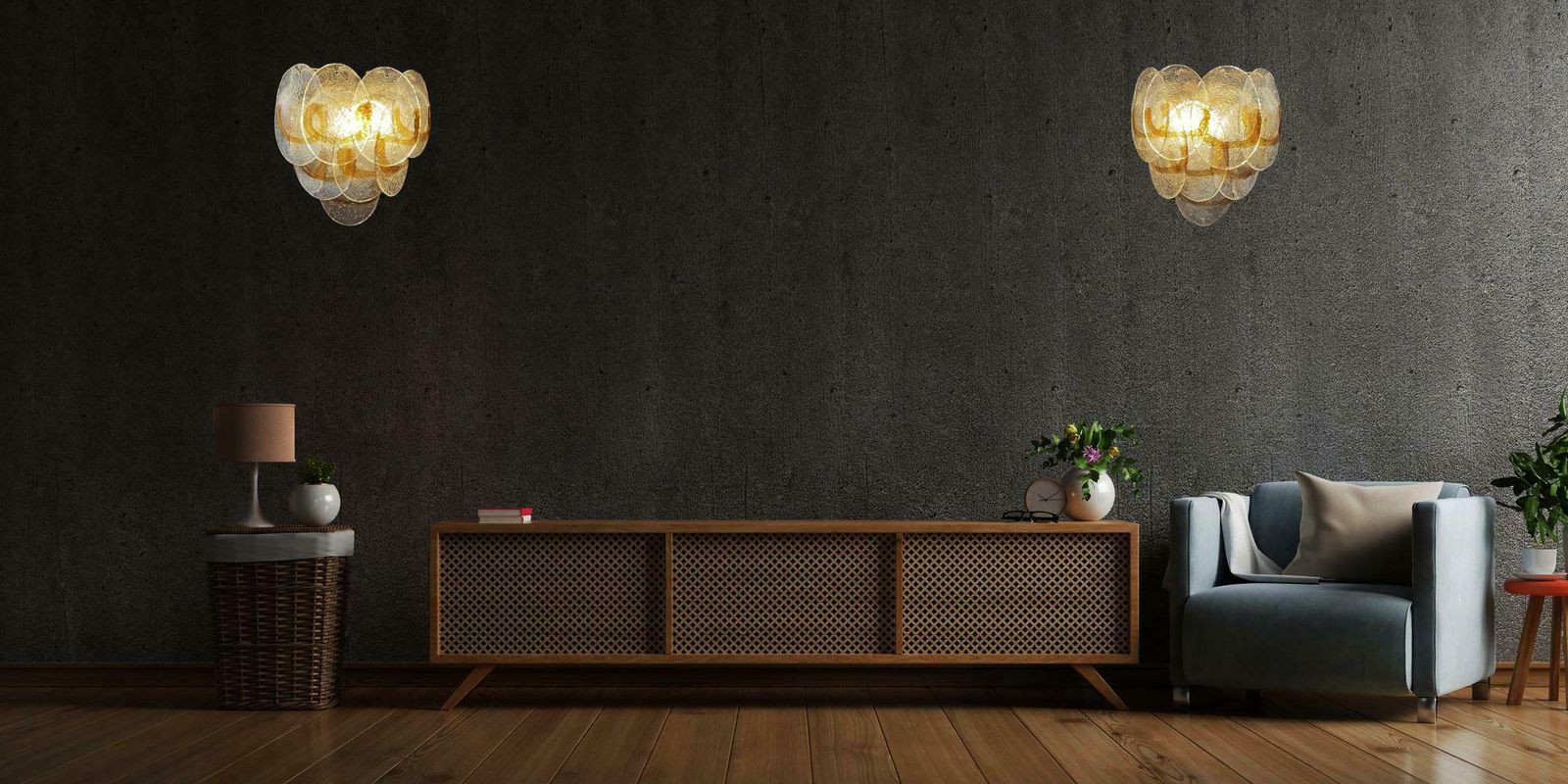 Amazing Pair Of Vintage Italian Murano Wall Lights  Trasparent And Amber Glass photo buy