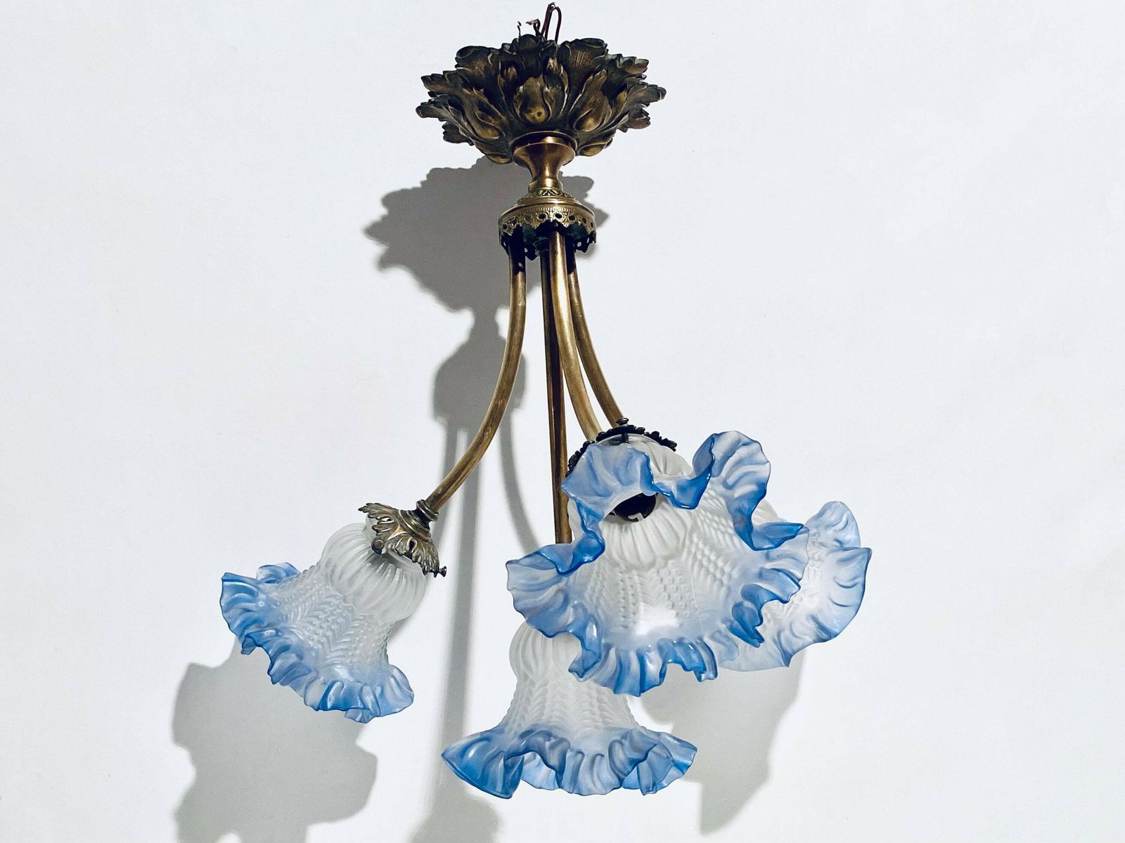 Antique Art Nouveau Ceiling Lamp Blue Flower Lamp Hanging Shade / 1900s France photo furniture