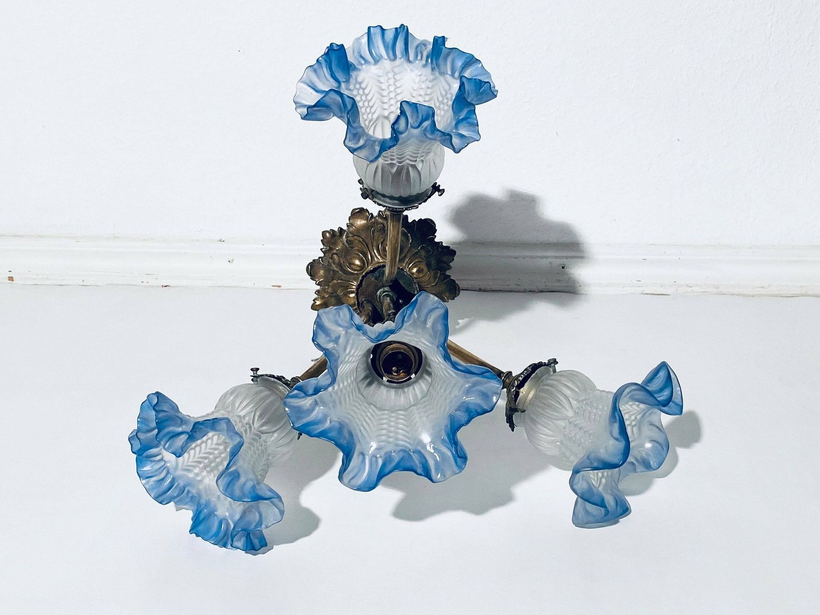 Antique Art Nouveau Ceiling Lamp Blue Flower Lamp Hanging Shade / 1900s France photo buy