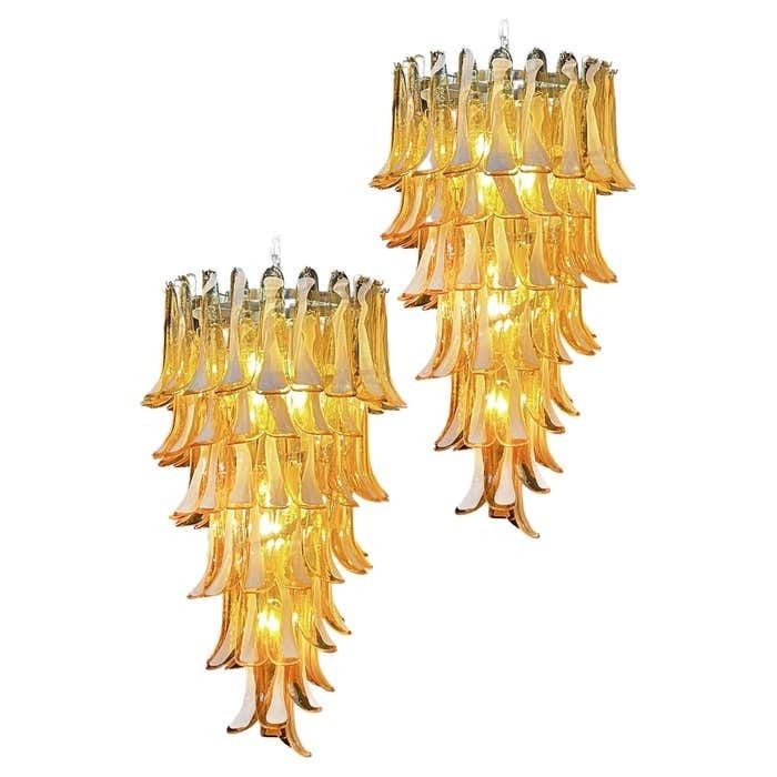 Huge Italian Murano Glass Spiral Chandeliers, 83 Amber Glass Petals